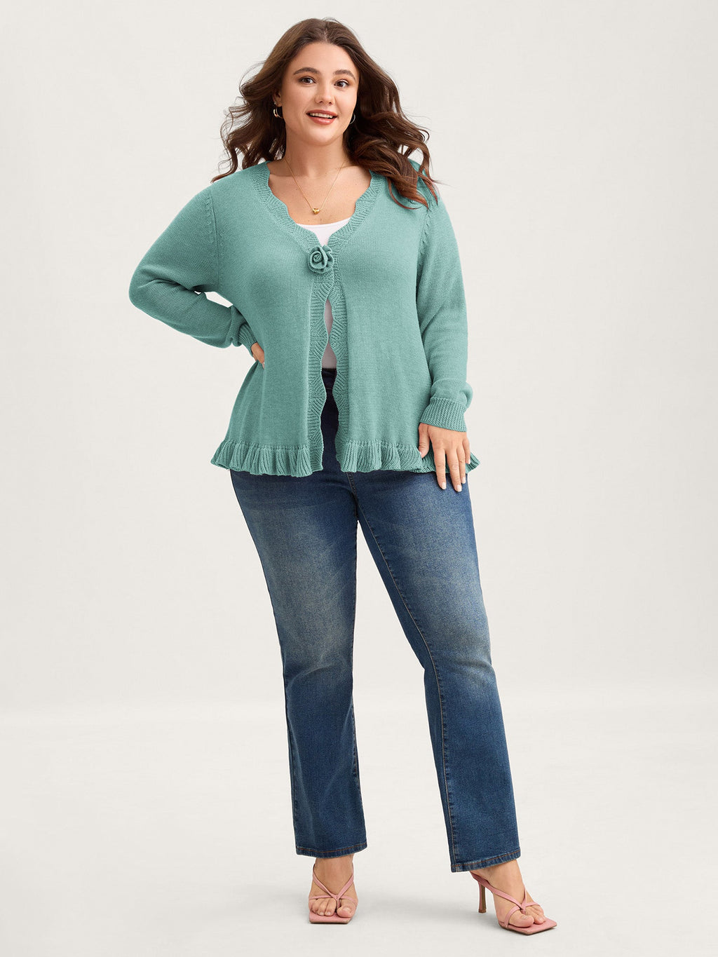 Supersoft Textured Floral Button Ruffled Hem Knit Cardigan