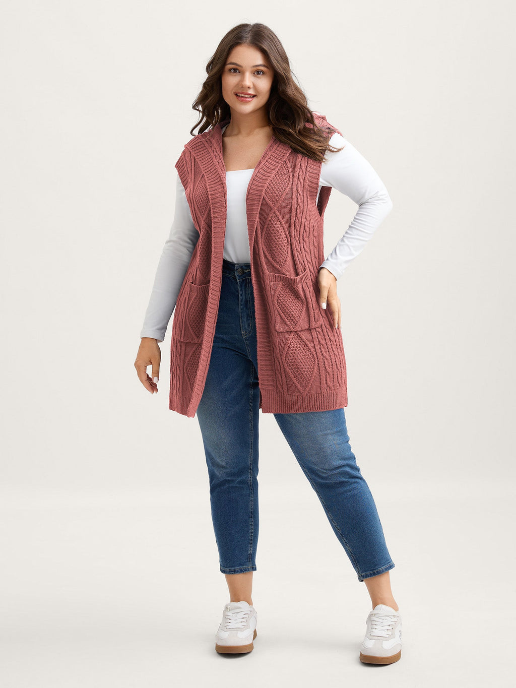 Hooded Sleeveless Cable Knit Cardigan