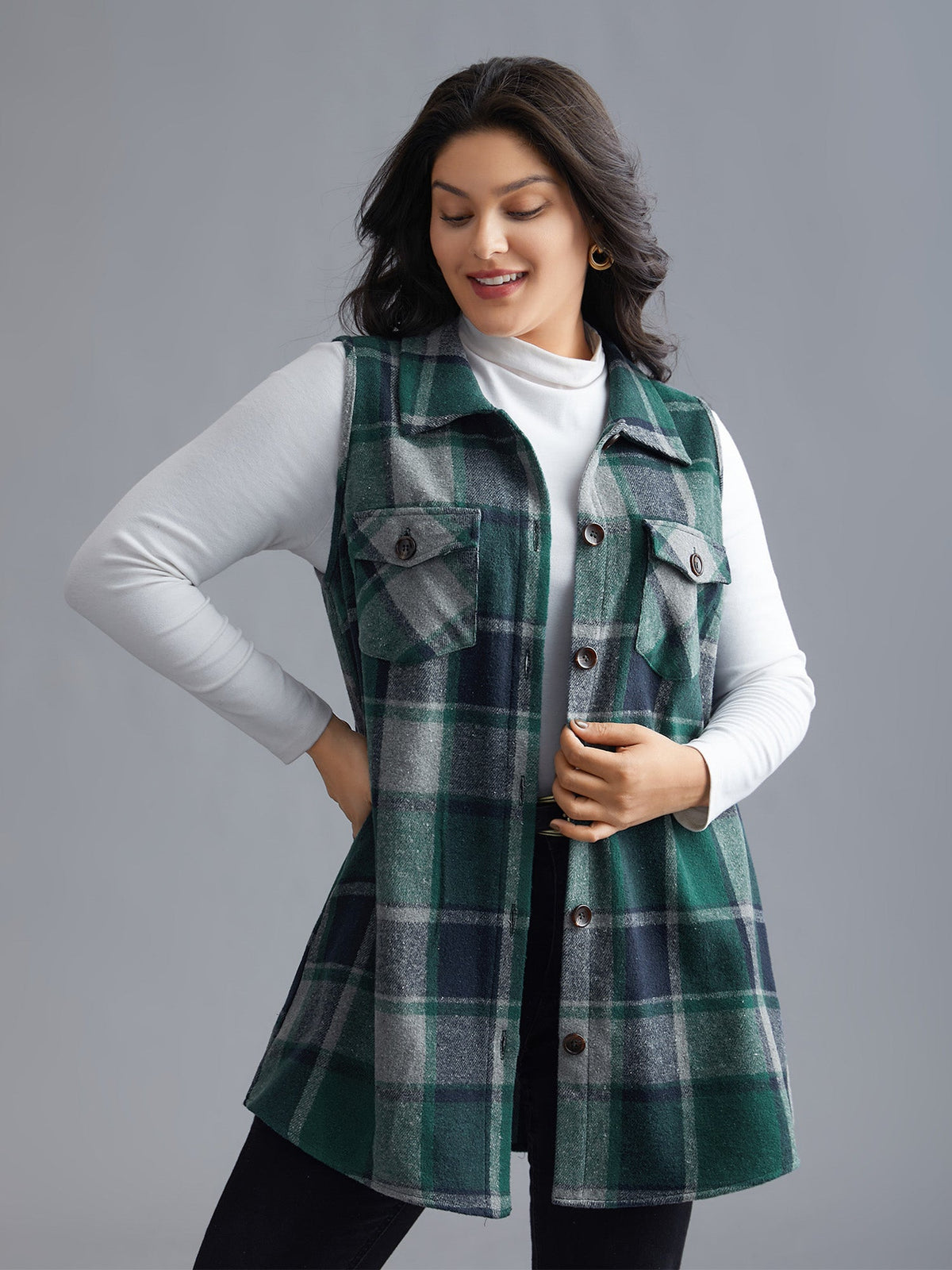 Plaid Button‑Front Sleeveless Jacket