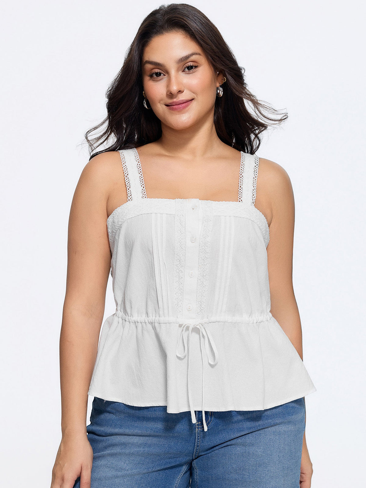 Cotton Lace Trim Drawstring Waist Tank Top