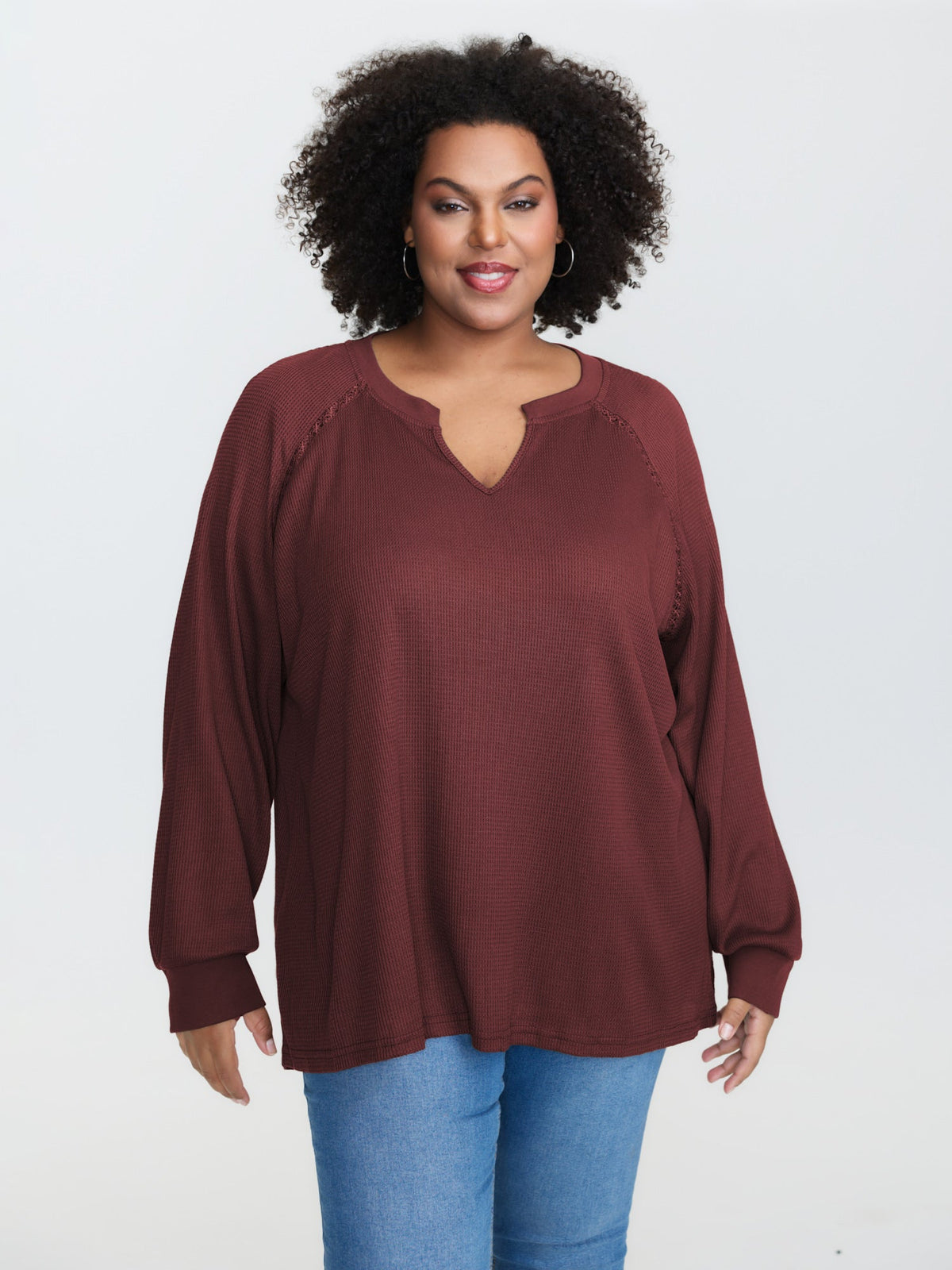 Waffle Grid Notched Collar Lace Sweatshirt