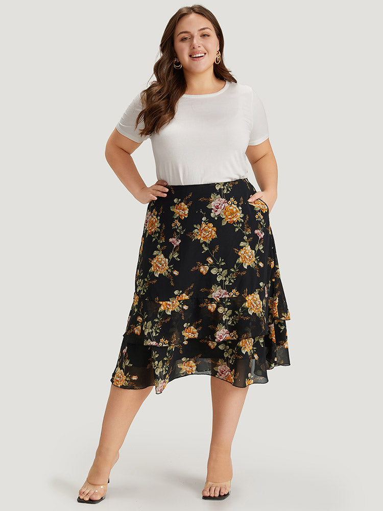 Floral Printed Flutter Layered Skirt