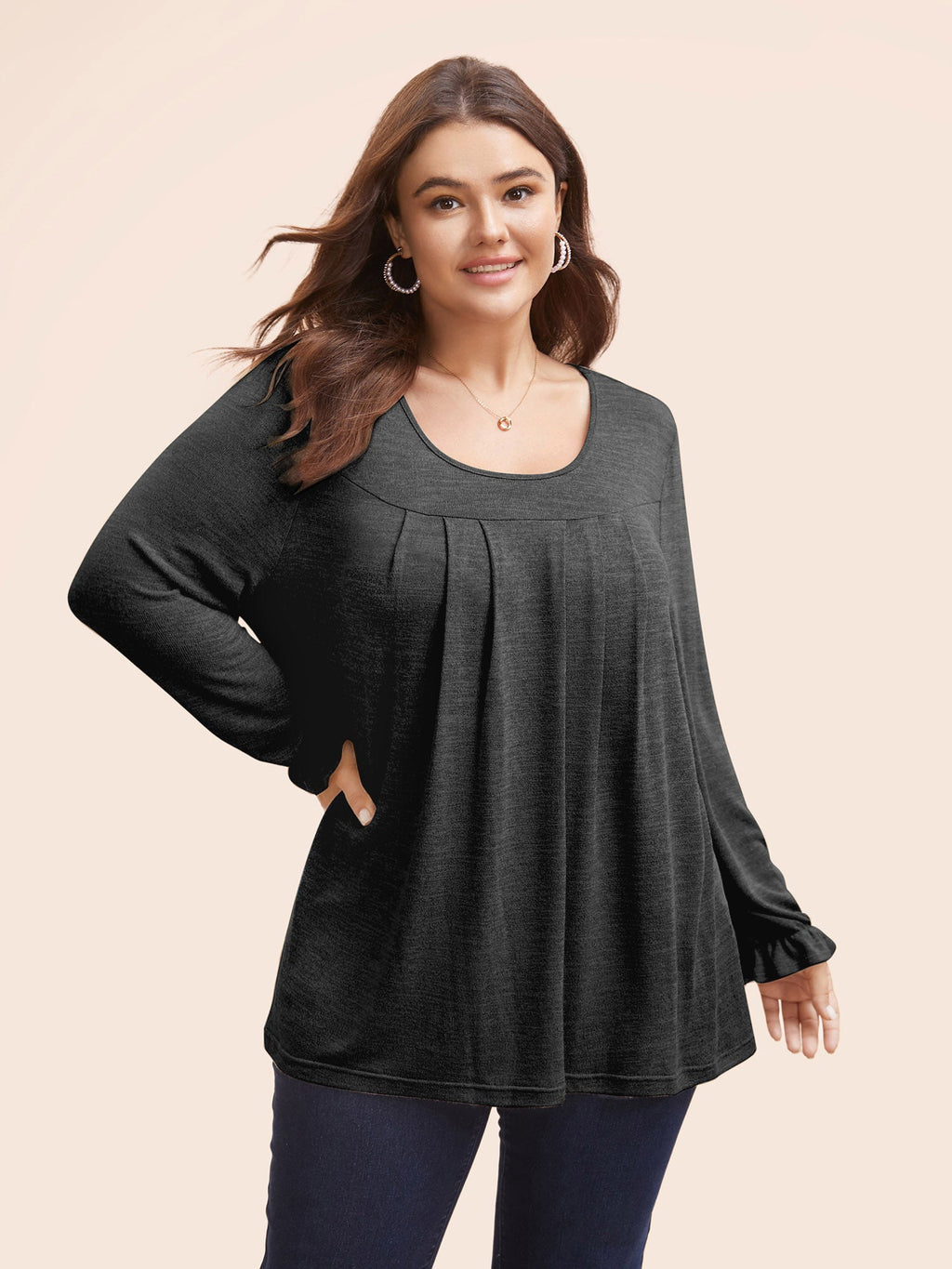 Round Neck Heather Pleated T-shirt