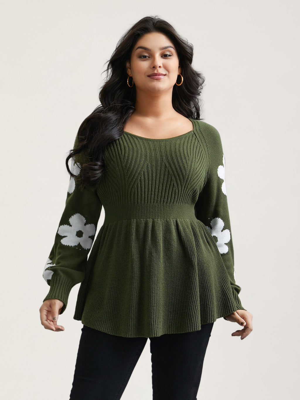 Floral Patch Jacquard Cinched Waist Pullover