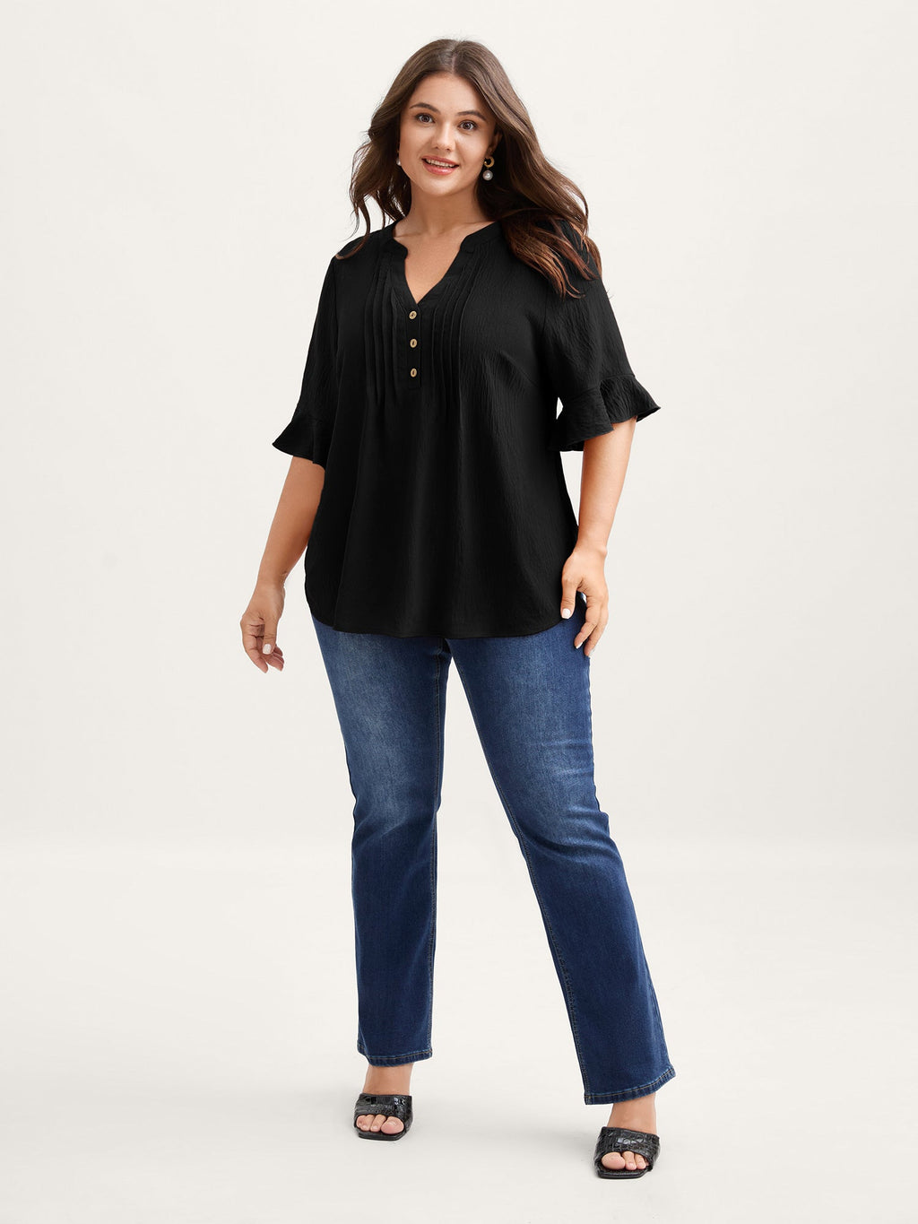Toothpick Pleats Ruffled Sleeve Solid Blouse
