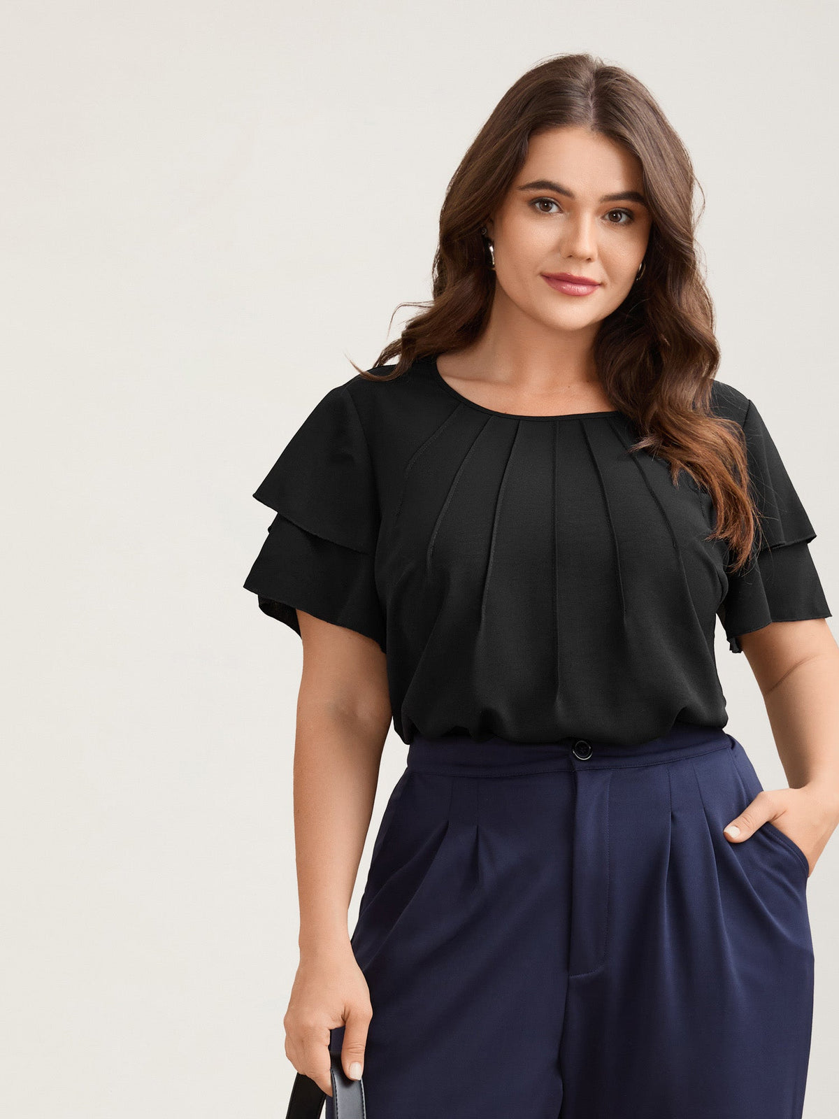 Toothpick Pleat Layered Flutter Sleeve Blouse