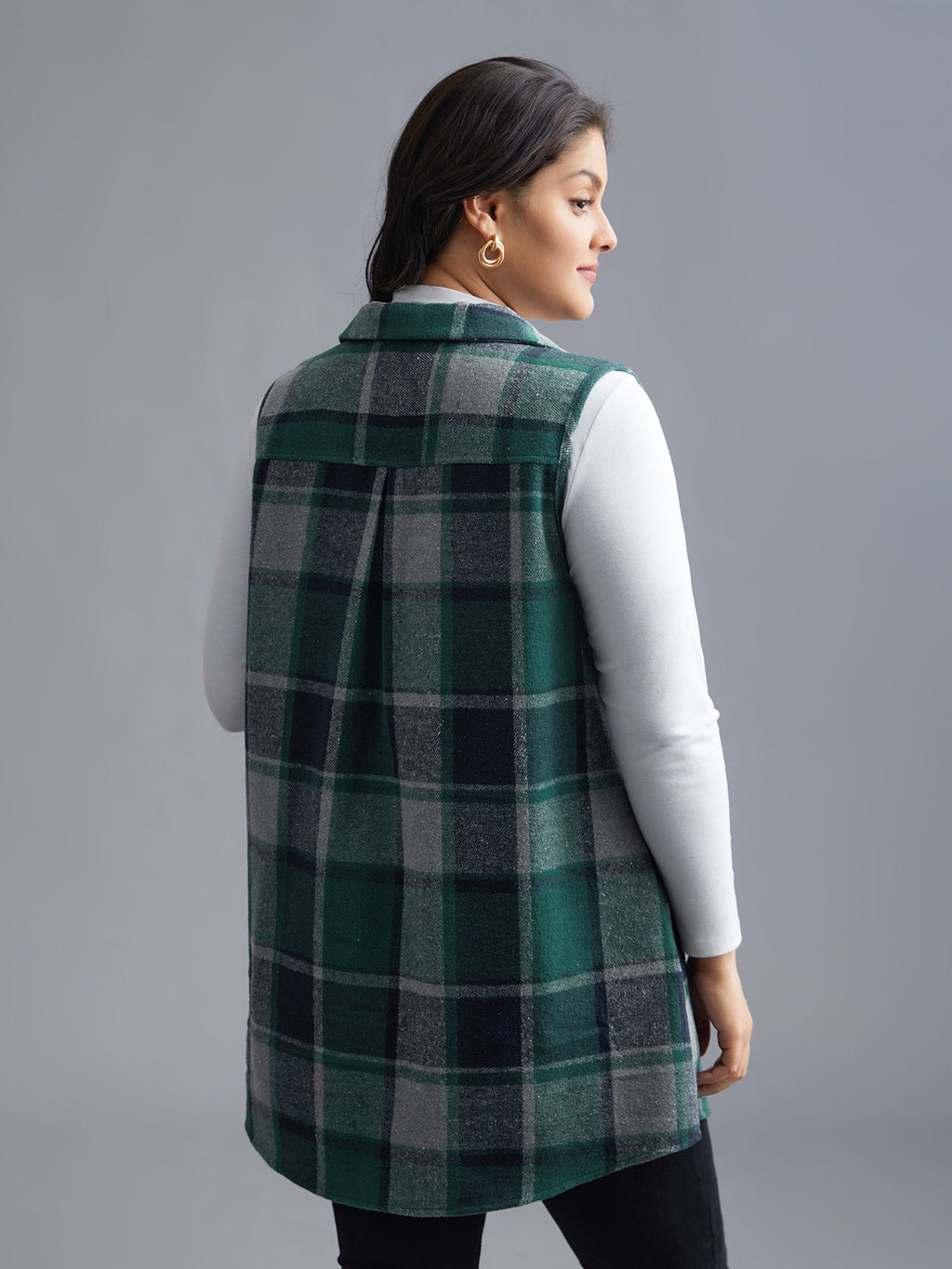 Plaid Button‑Front Sleeveless Jacket