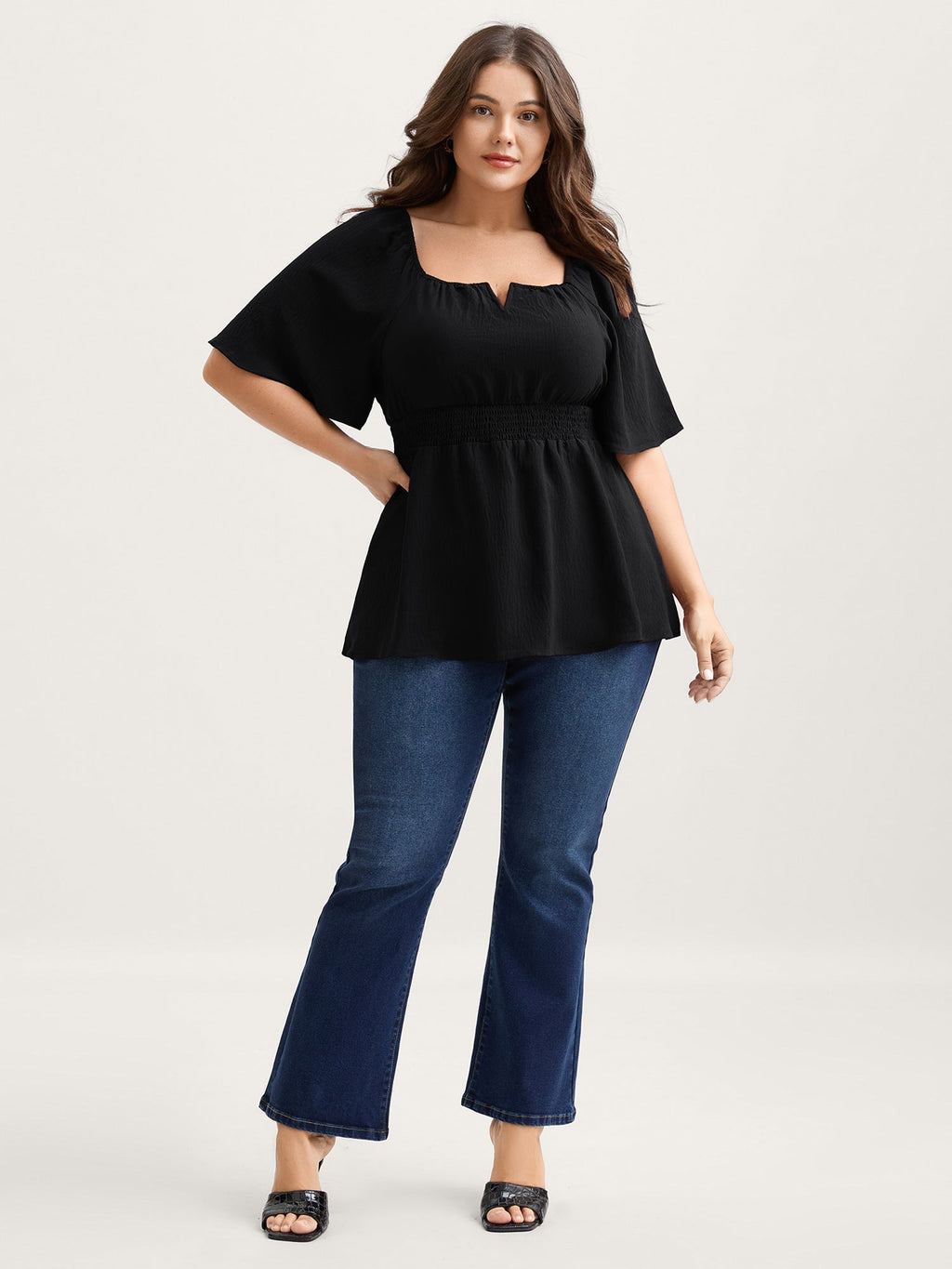 Stretchy Neckline Waist-Cinched Solid Blouse