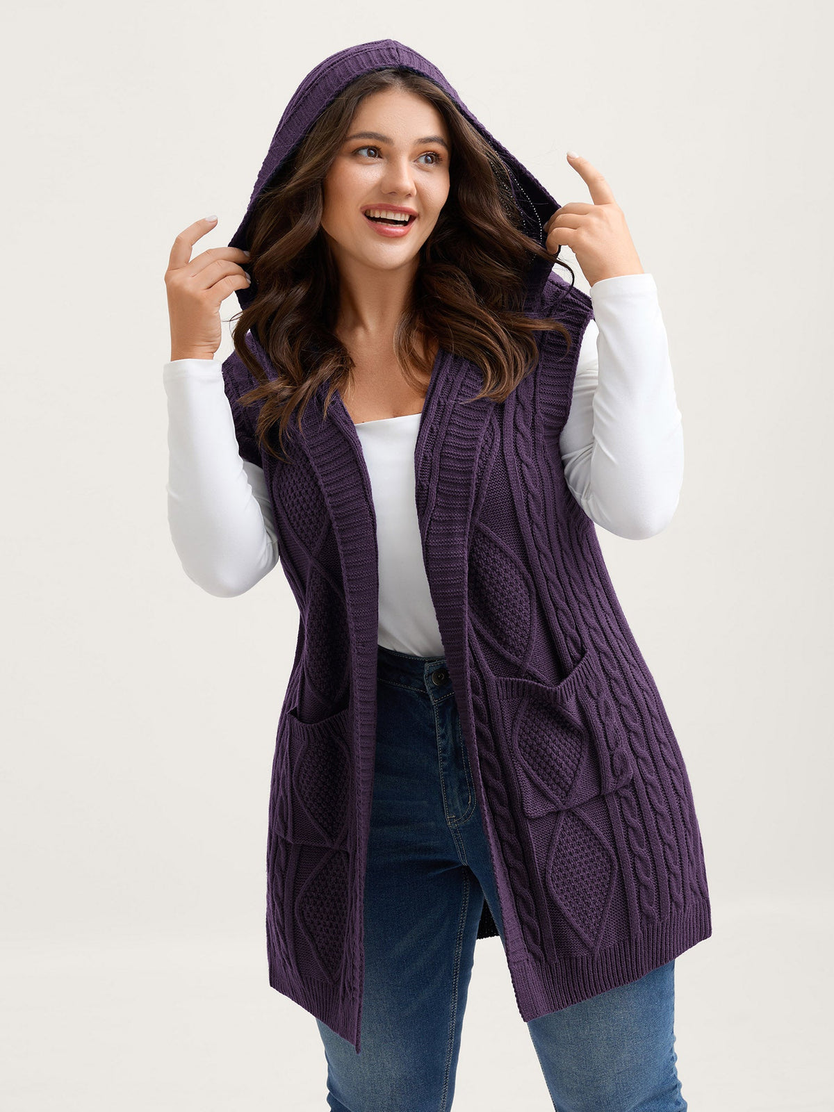 Hooded Sleeveless Cable Knit Cardigan