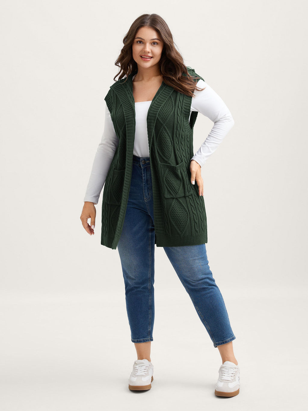 Hooded Sleeveless Cable Knit Cardigan