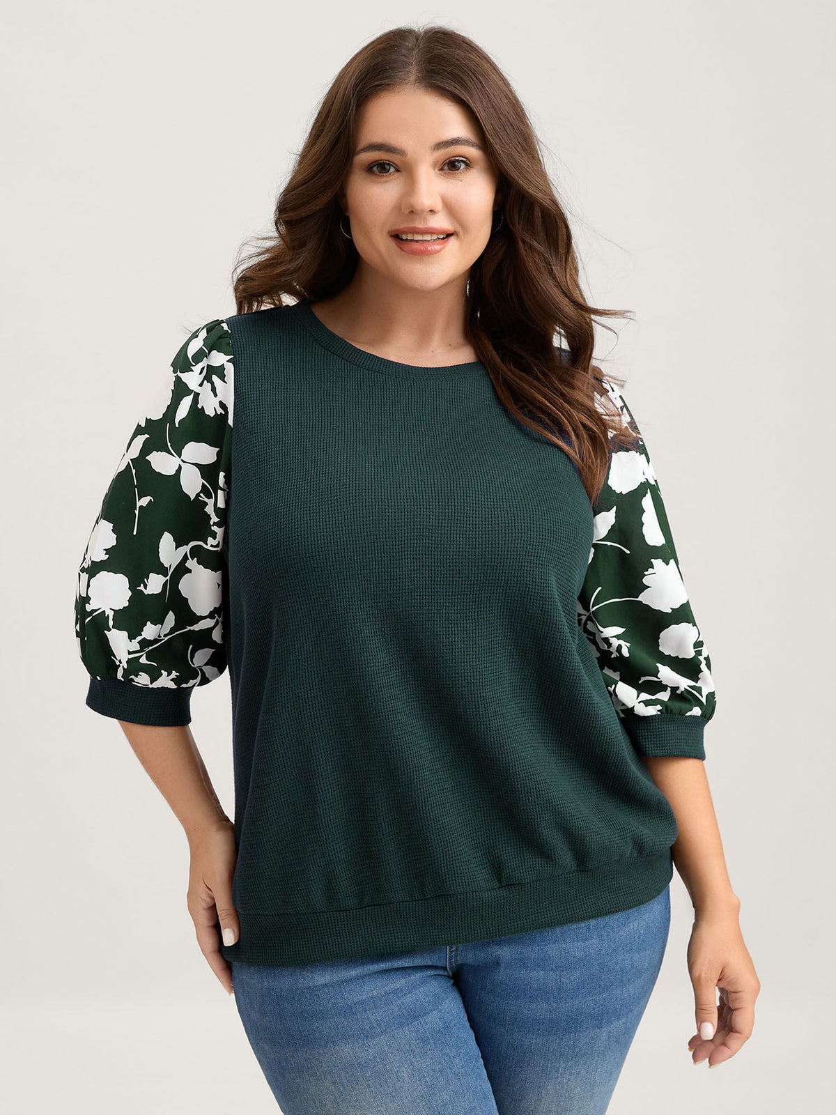 Textured Floral Puffy Sleeve Sweatshirt