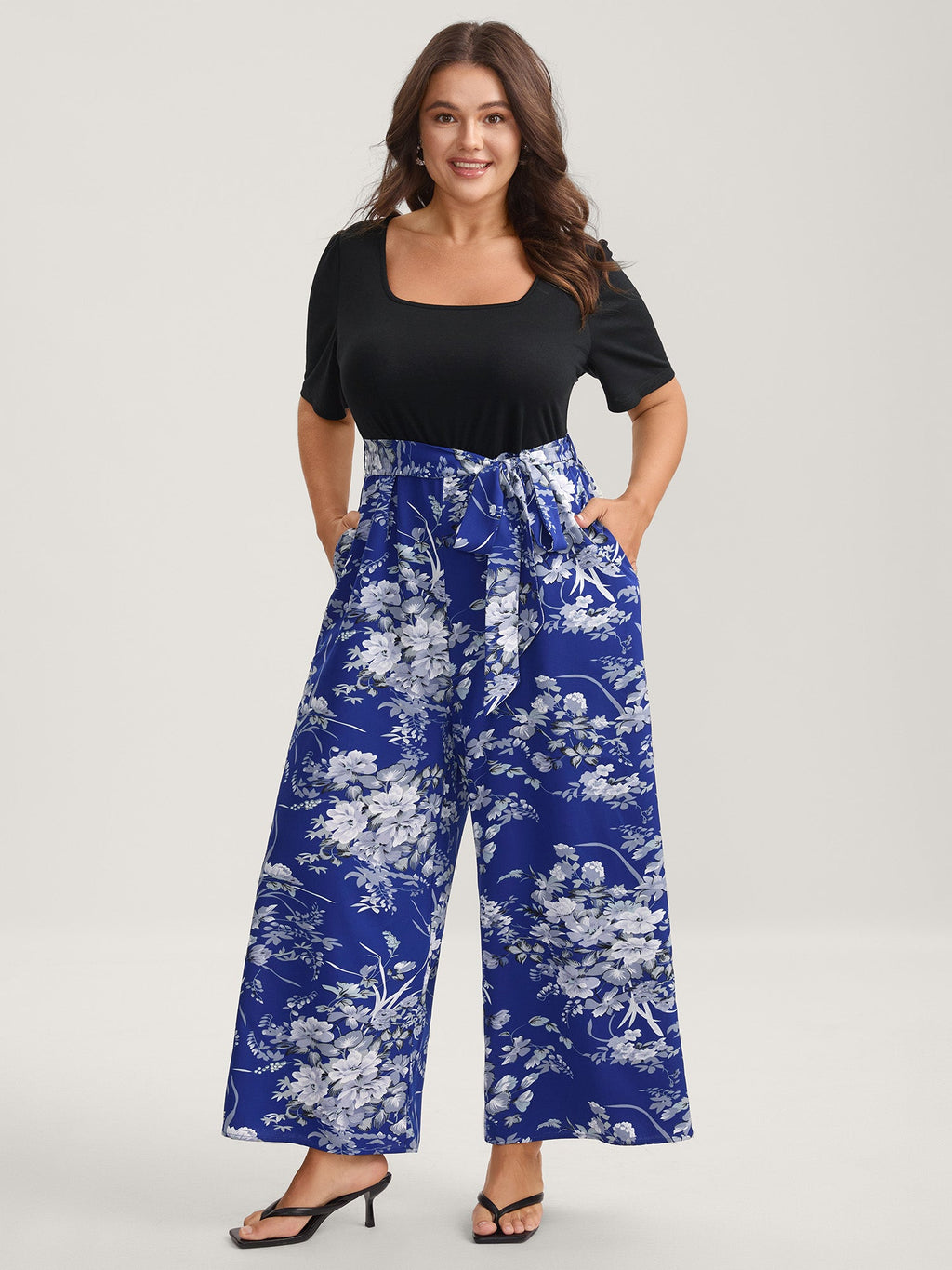 Color Contrast Belted Panel Pockets Jumpsuit