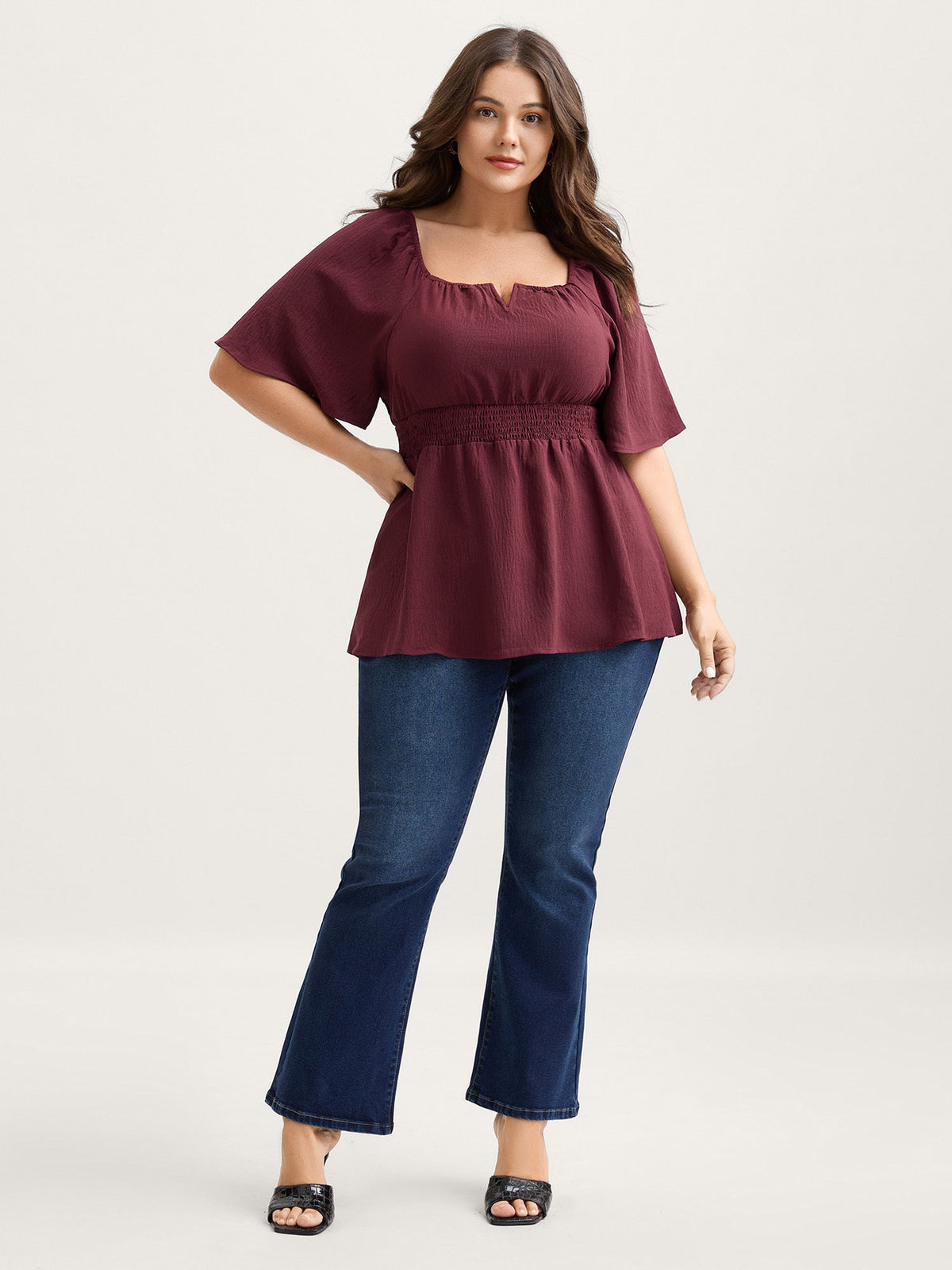 Stretchy Neckline Waist-Cinched Solid Blouse