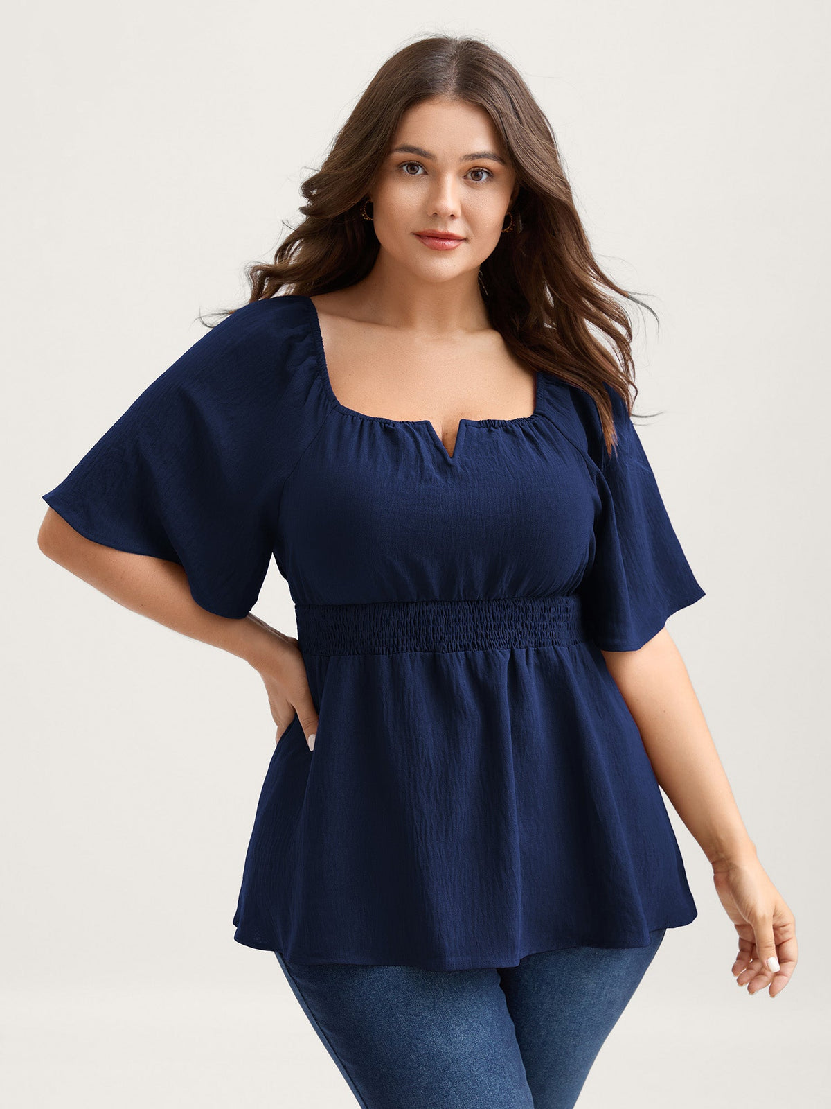 Stretchy Neckline Waist-Cinched Solid Blouse