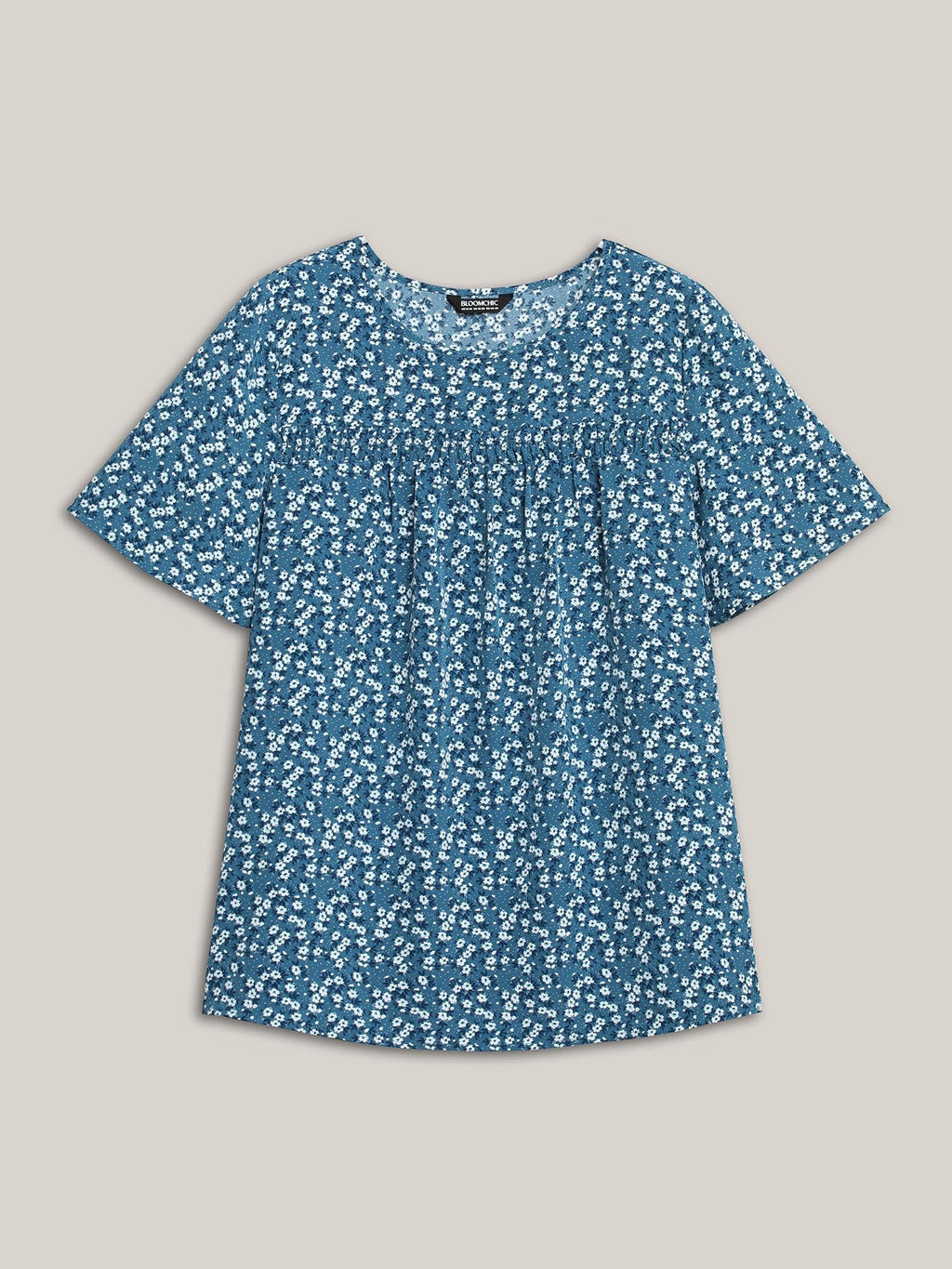 Floral Ruffle Sleeve Gathered Round Neck Blouse