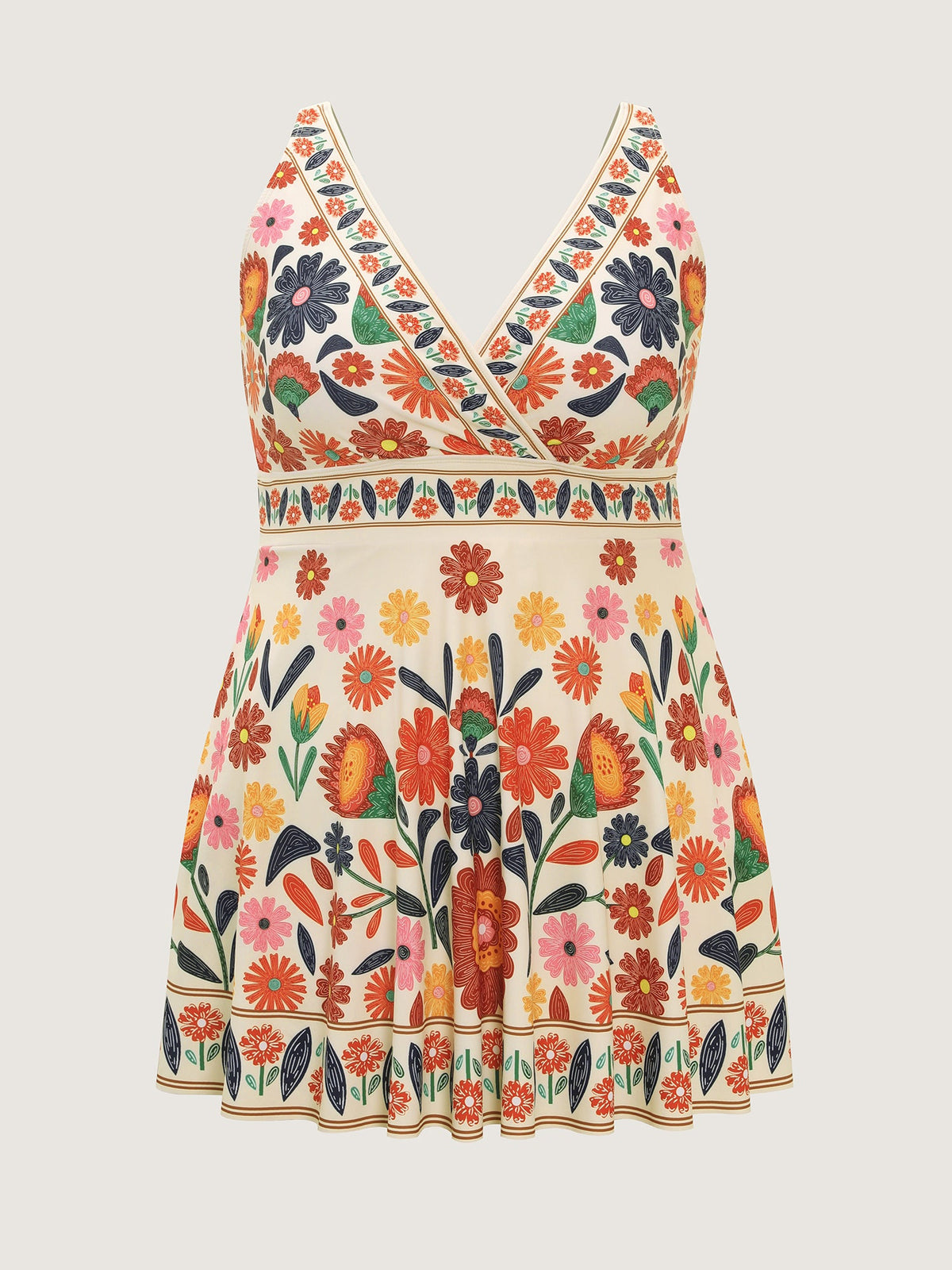 Floral Surplice Neckline Pockets Swim Dress