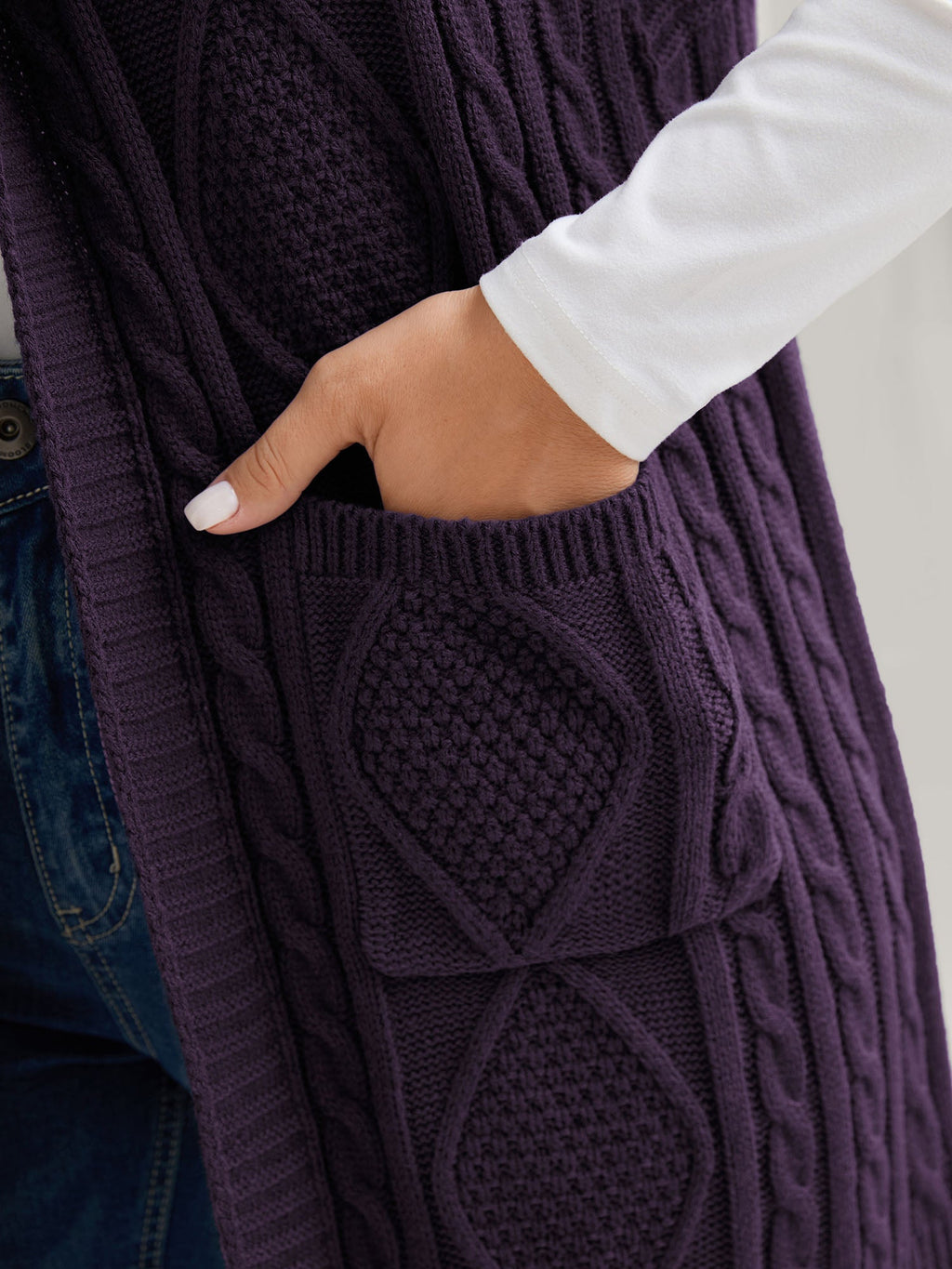 Hooded Sleeveless Cable Knit Cardigan