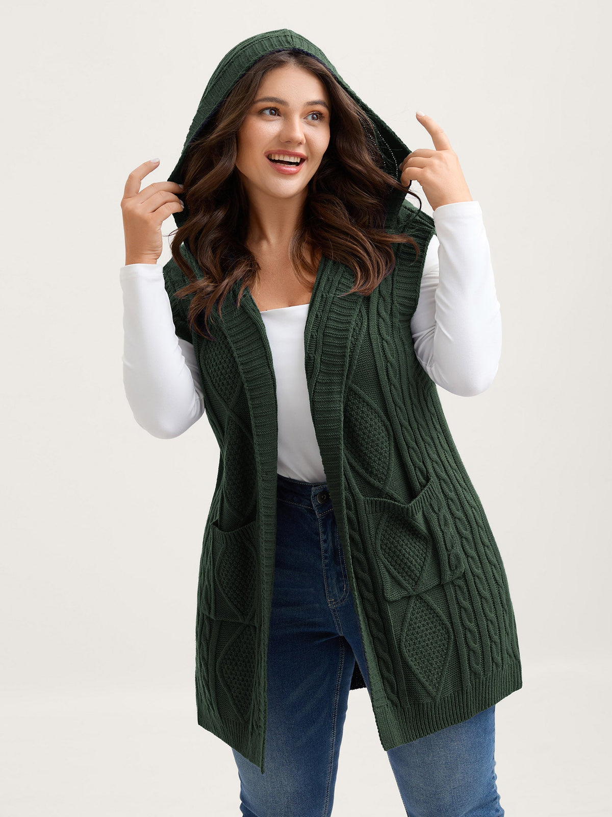 Hooded Sleeveless Cable Knit Cardigan