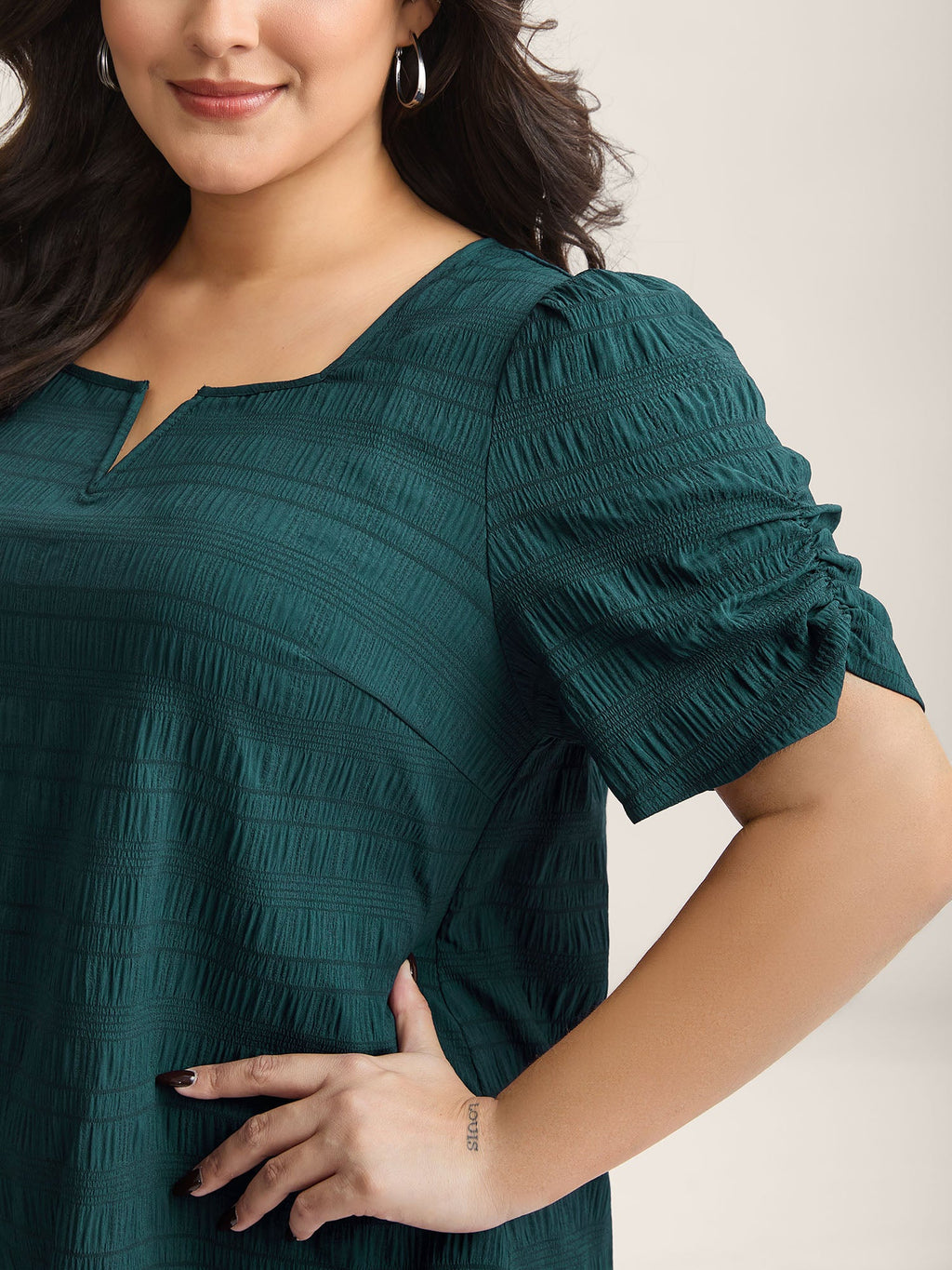 Textured Gathered Sleeve Split Neck Blouse