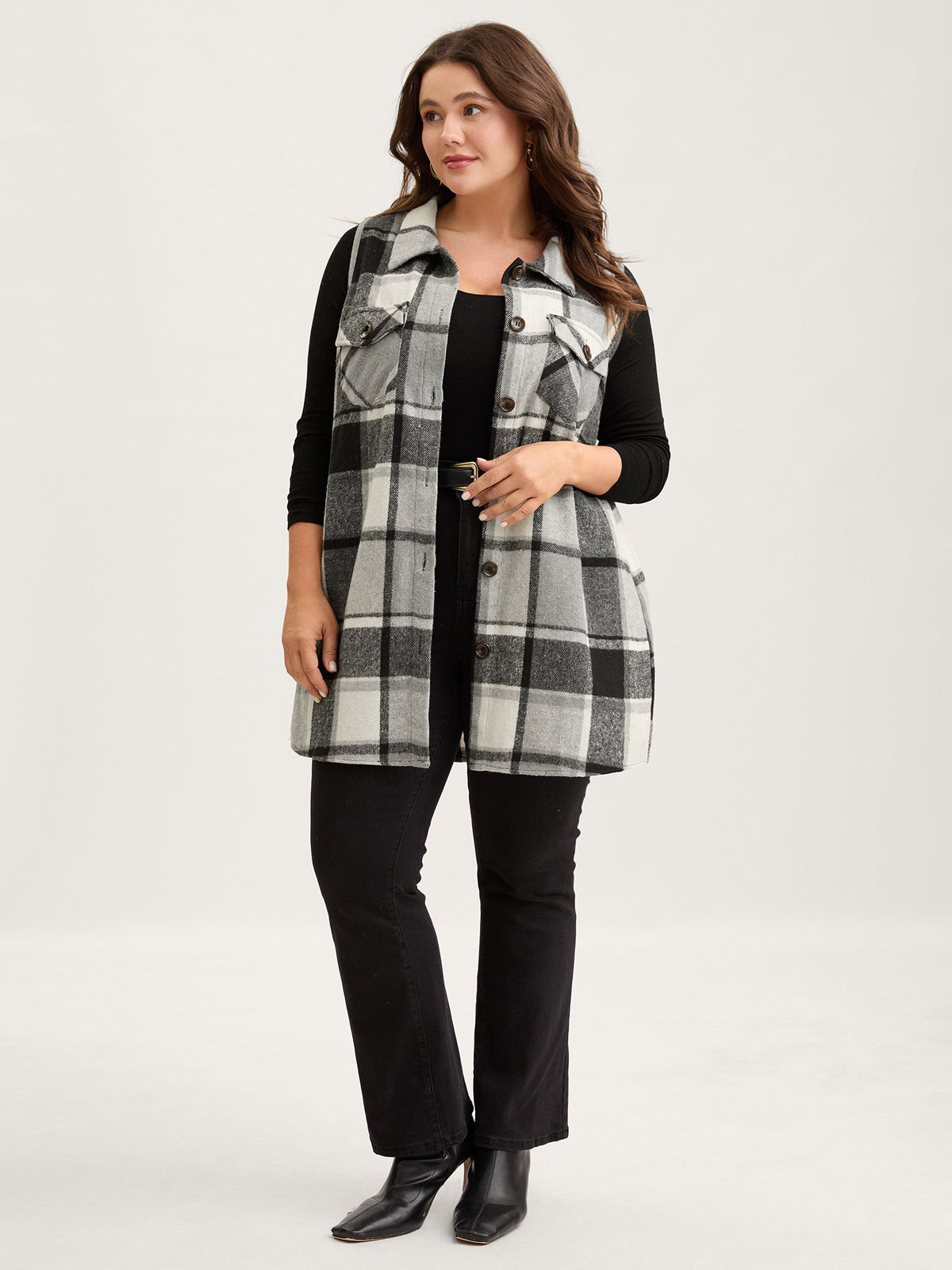 Plaid Button‑Front Sleeveless Jacket