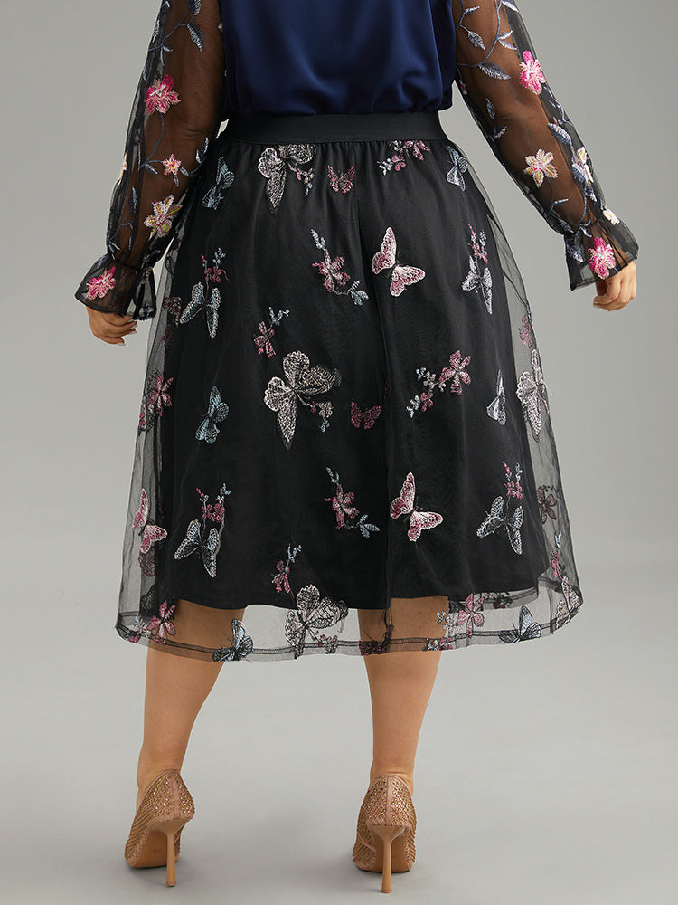 Butterfly Embroidered Mesh Elastic Waist Skirt