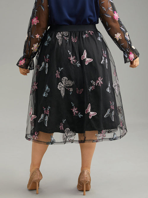 Butterfly Embroidered Mesh Elastic Waist Skirt