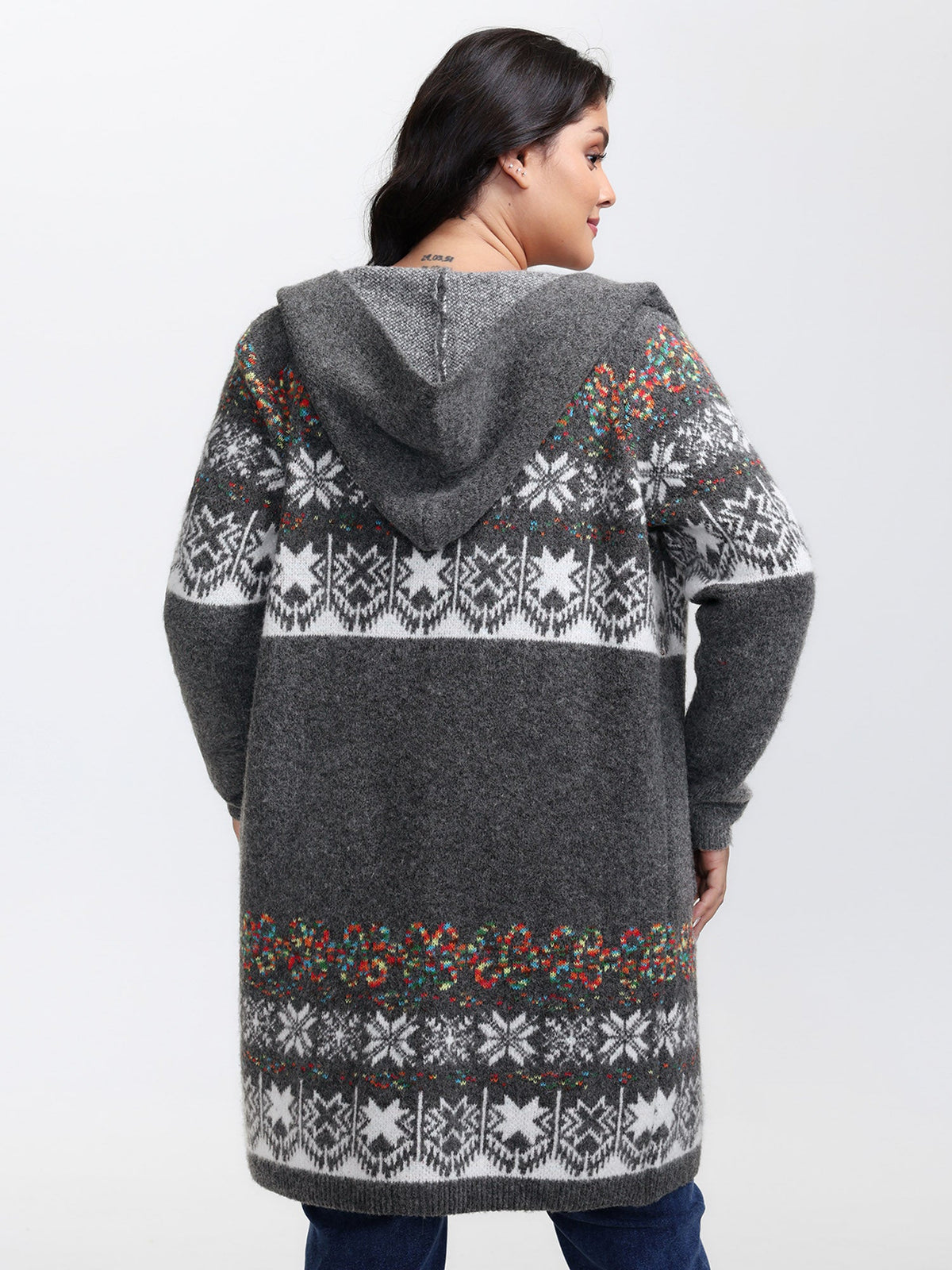 Boho Print Jacquard Hooded Knit Cardigan