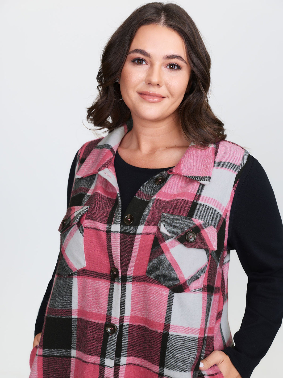 Plaid Button‑Front Sleeveless Jacket