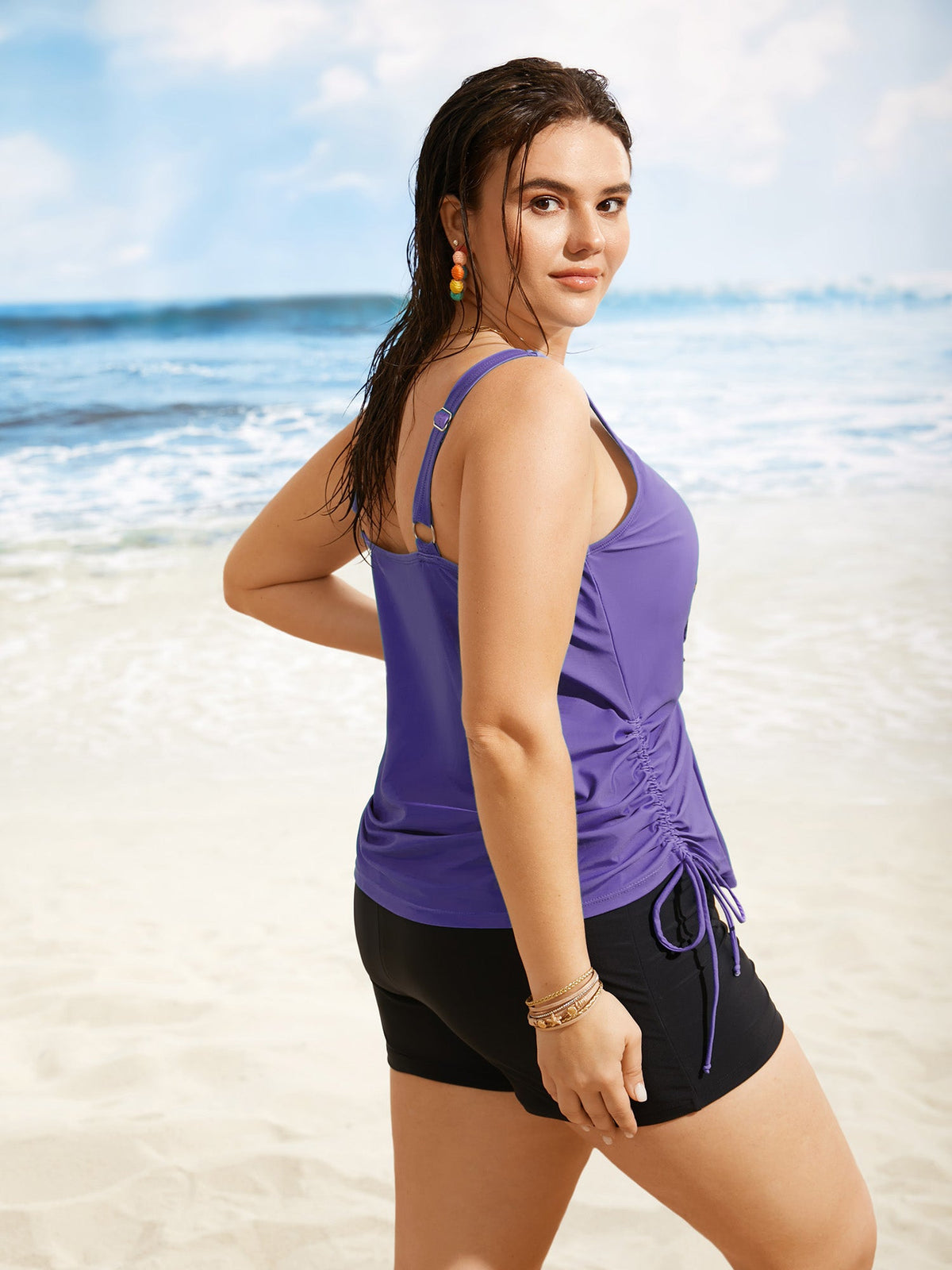 Island Print Drawstring Adjustable Swim Top