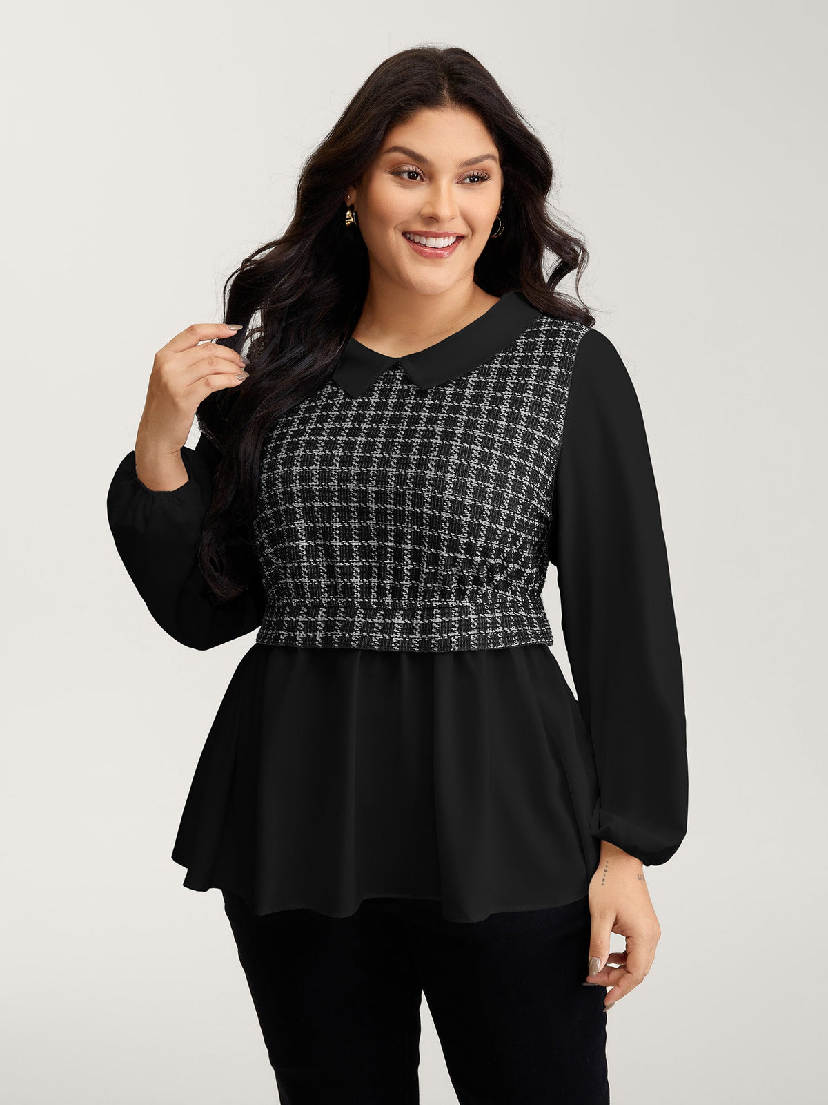 Houndstooth Pattern Color Contrast Blouse