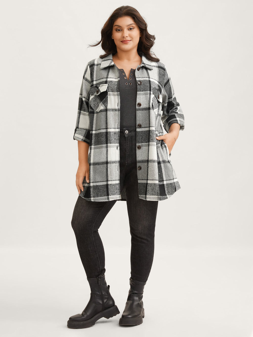 Plaid Chest Pockets Long Jacket