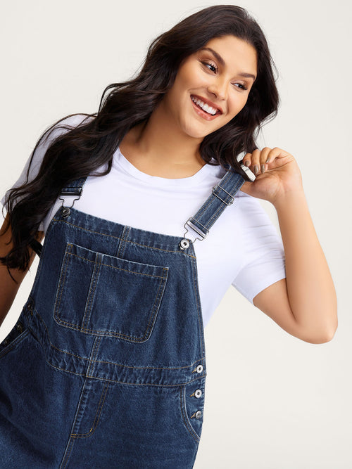 Cotton Relaxed-Fit Side Button Overall Denim Jumpsuit