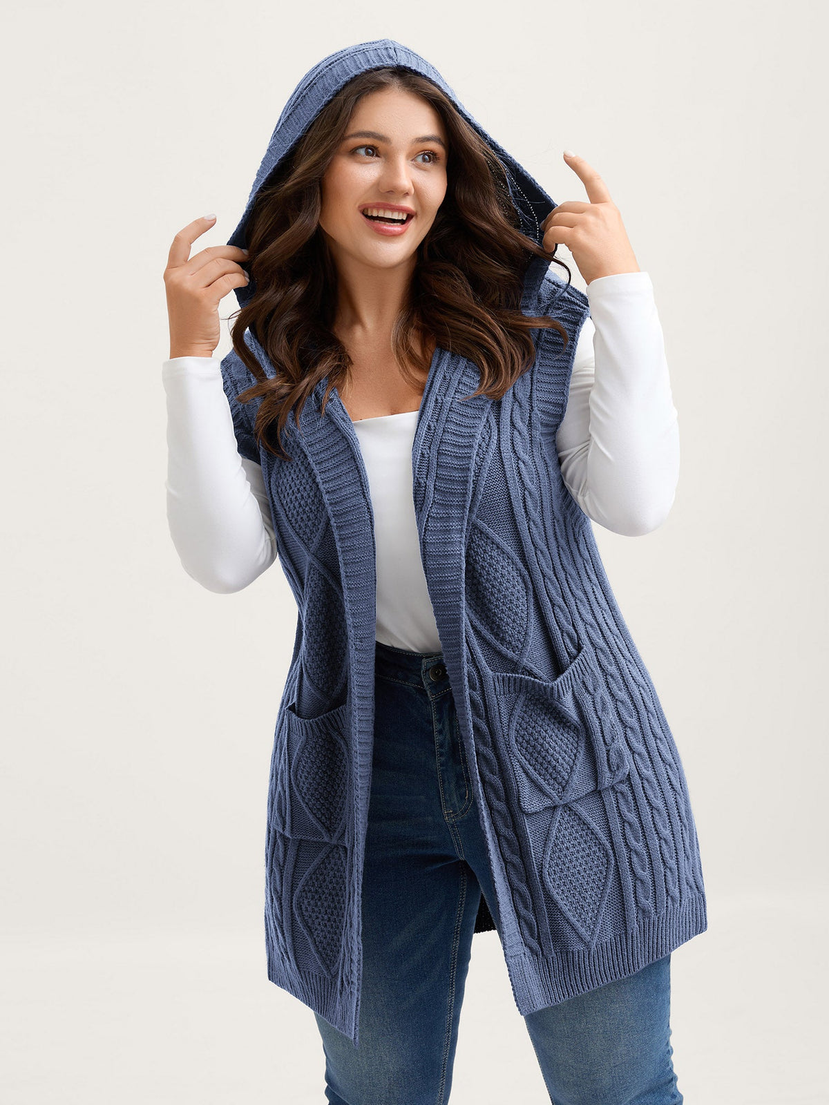 Hooded Sleeveless Cable Knit Cardigan