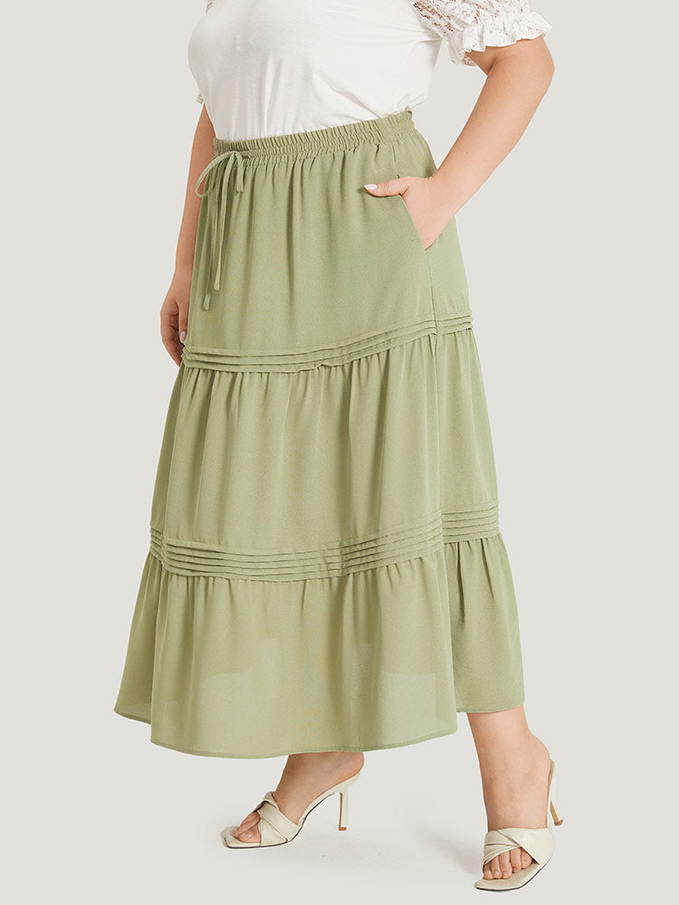 Plain Drawstring Pocket Ruffle Layered Hem Skirt