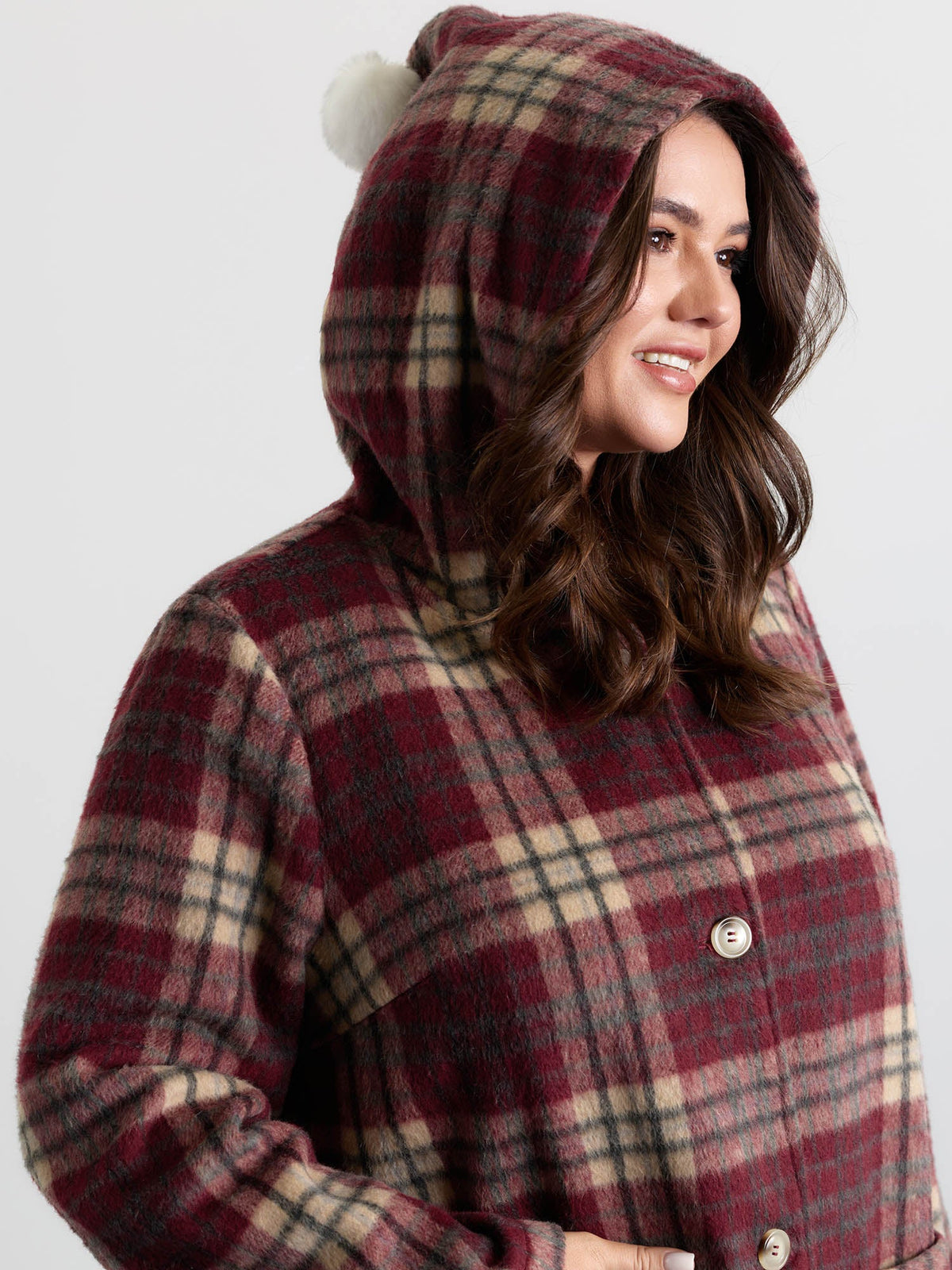 Plaid Fleece Hooded Button Coat