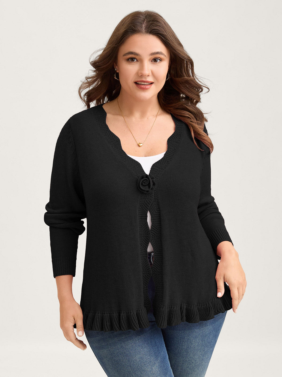 Supersoft Textured Floral Button Ruffled Hem Knit Cardigan