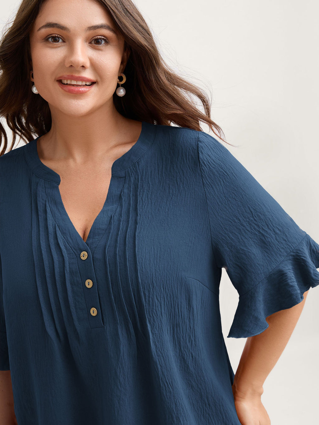 Toothpick Pleats Ruffled Sleeve Solid Blouse