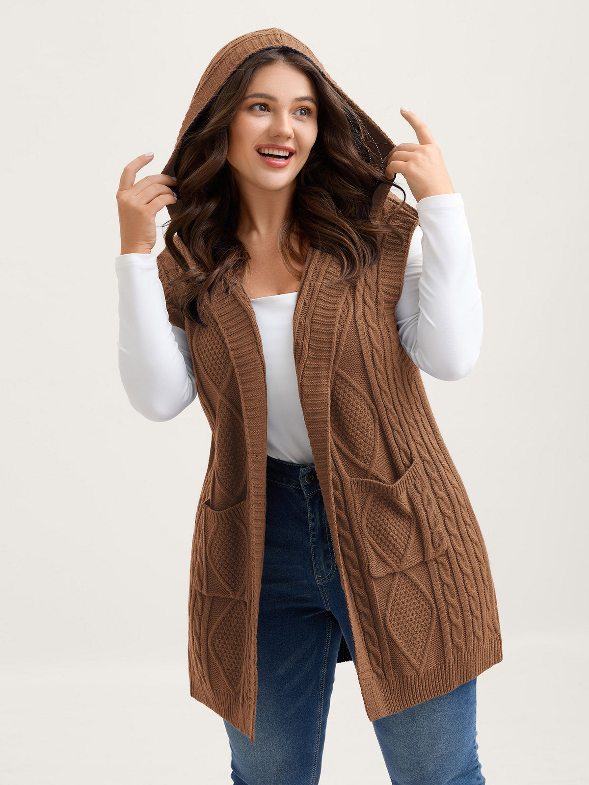 Hooded Sleeveless Cable Knit Cardigan