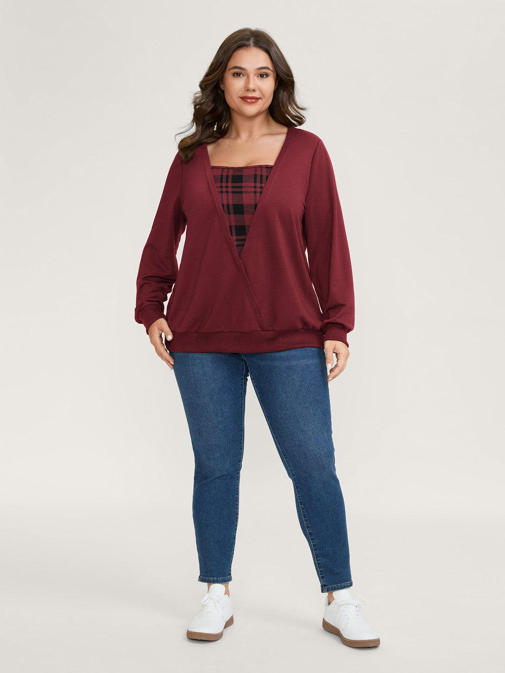 Plaid Spliced Wrap Contrast Sweatshirt