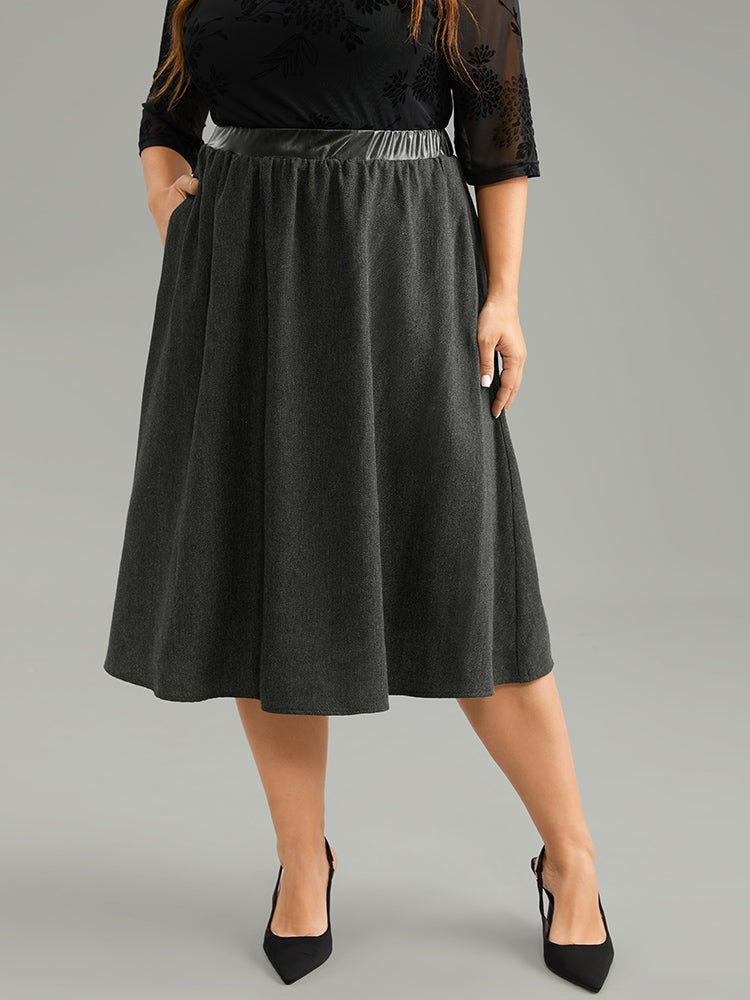 Solid PU Patchwork Pocket Elastic Waist Skirt