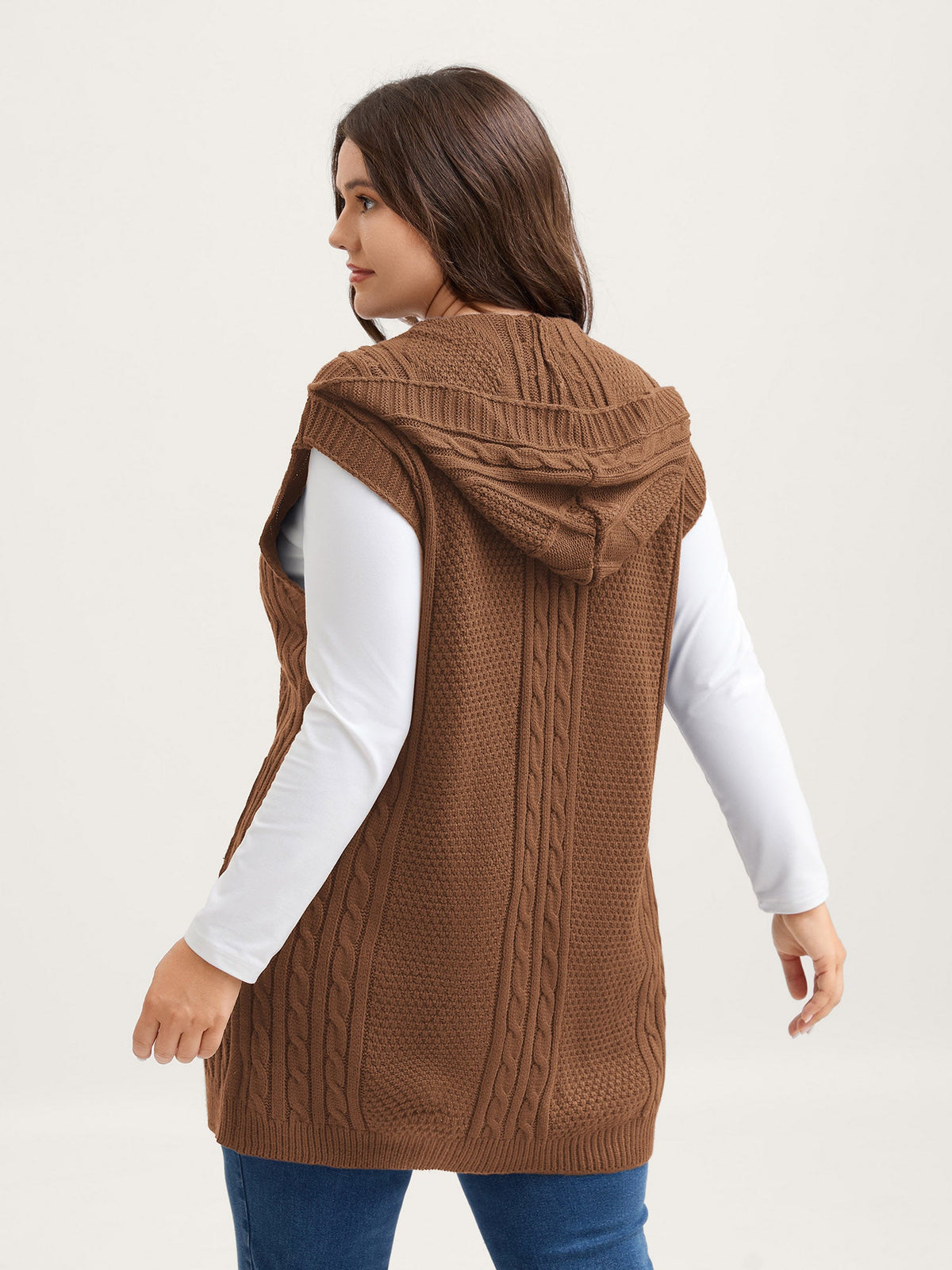 Hooded Sleeveless Cable Knit Cardigan