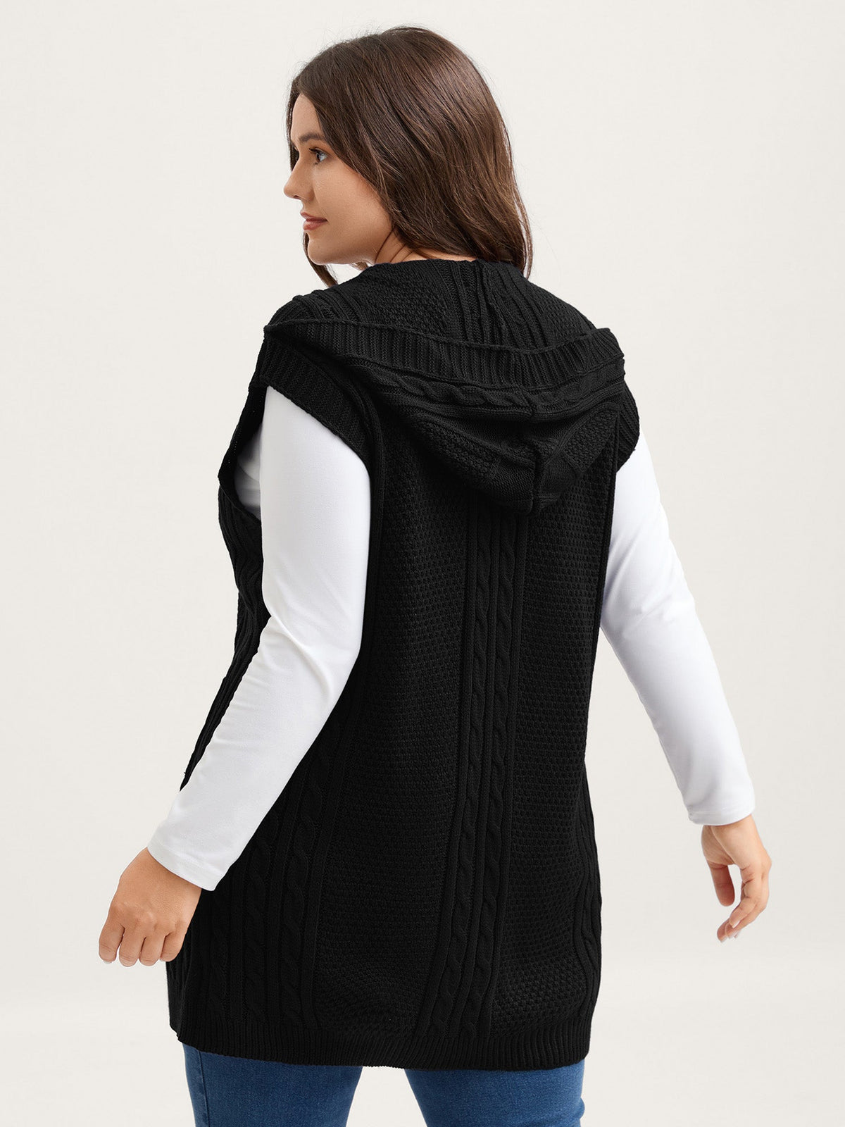 Hooded Sleeveless Cable Knit Cardigan