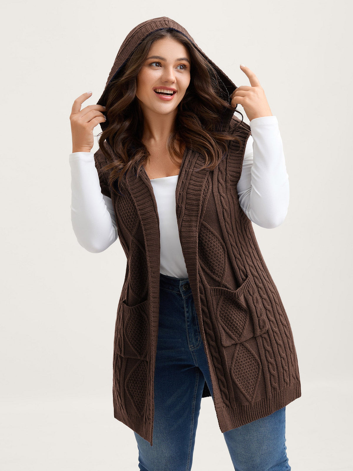Hooded Sleeveless Cable Knit Cardigan