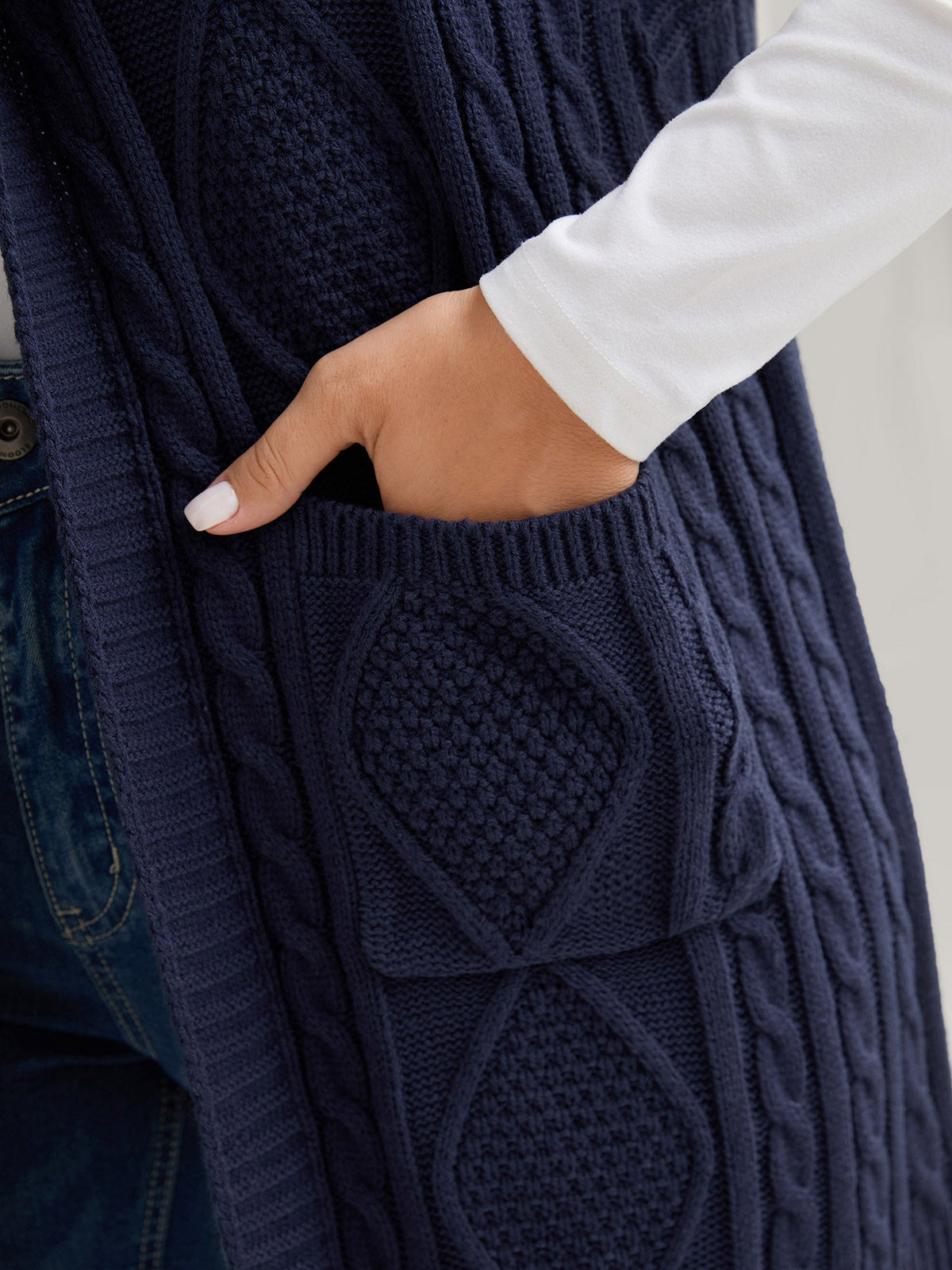 Hooded Sleeveless Cable Knit Cardigan