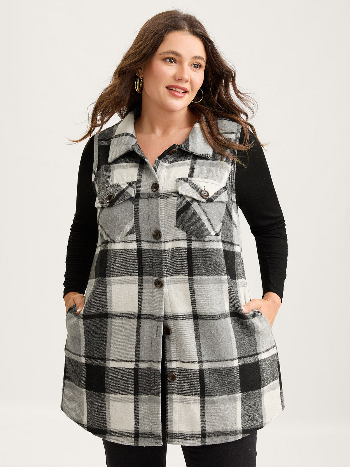Plaid Button‑Front Sleeveless Jacket