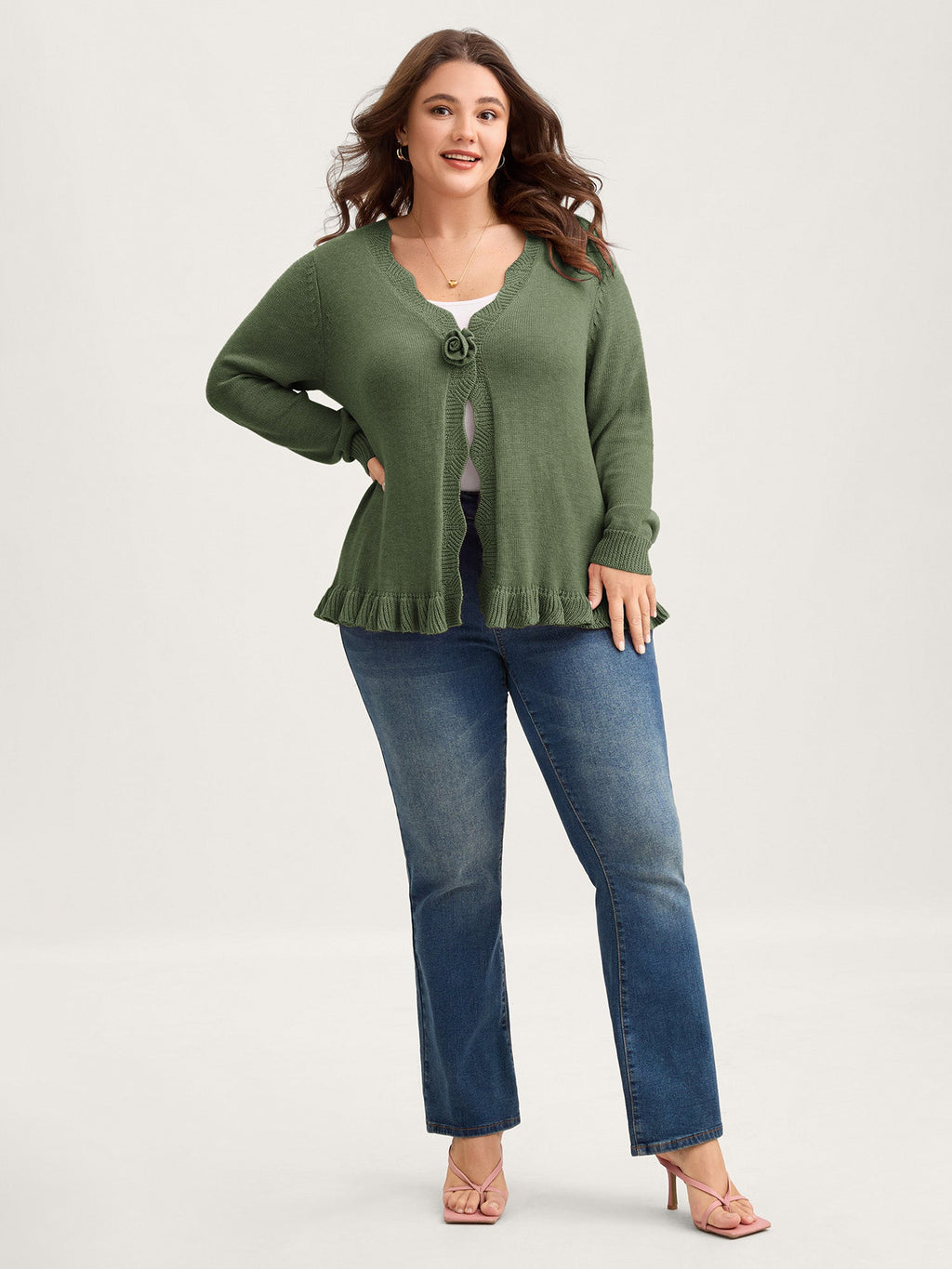 Supersoft Textured Floral Button Ruffled Hem Knit Cardigan