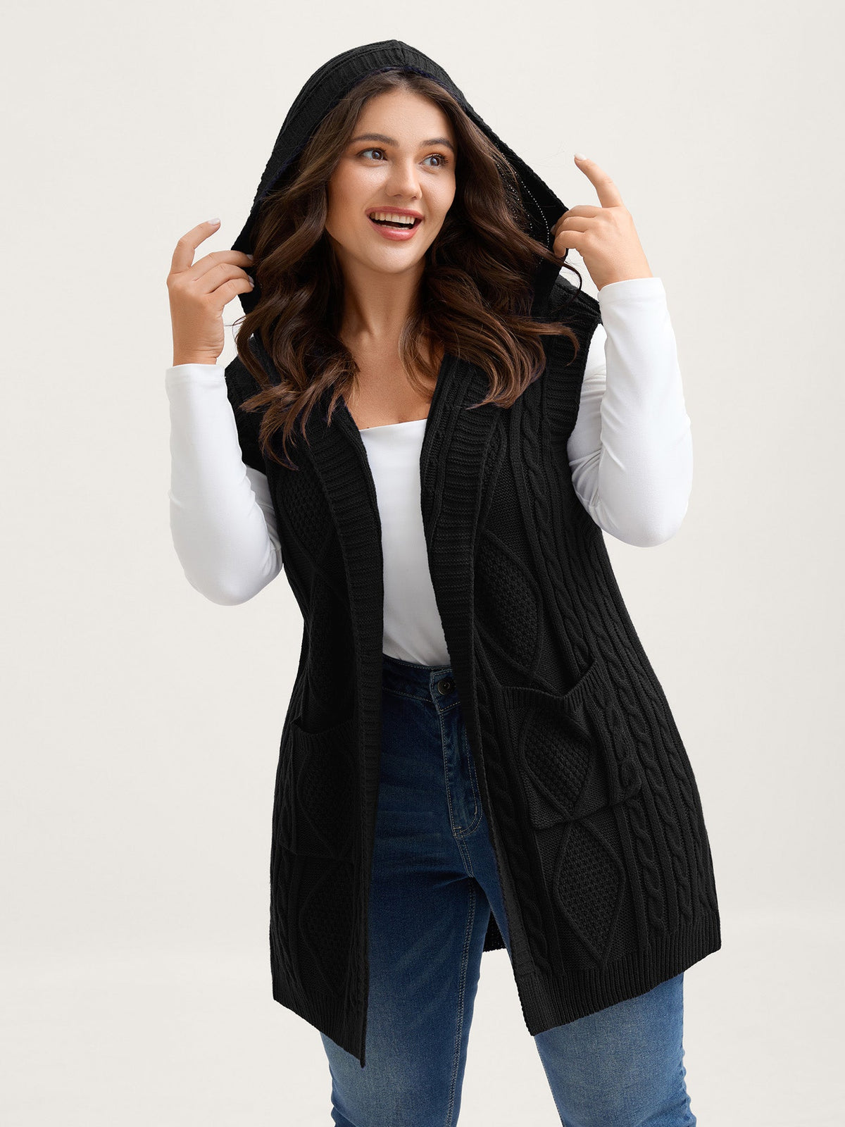 Hooded Sleeveless Cable Knit Cardigan