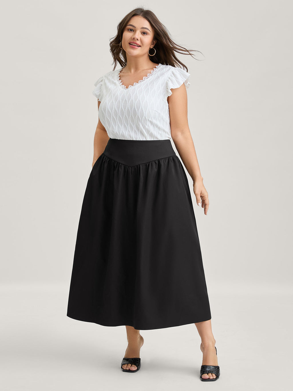 Wide Cinched-Waist Solid Midi Skirt