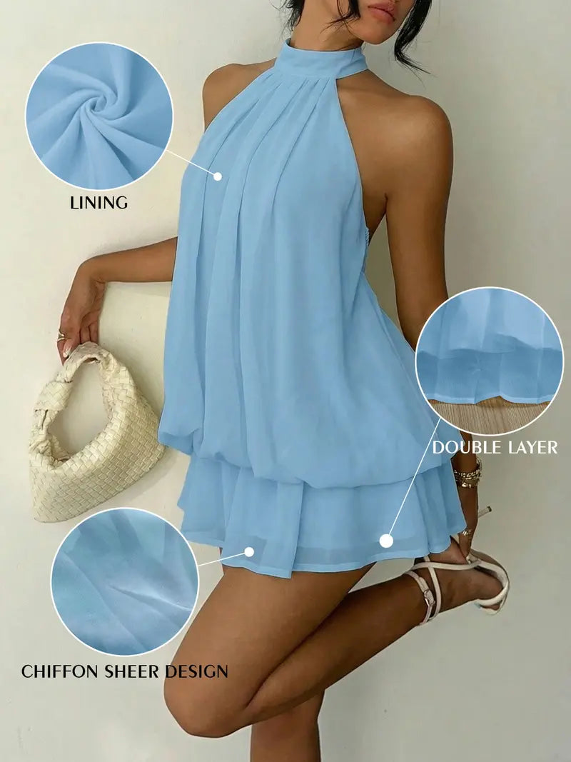 Summer Fashion Party Halter Neck Tie Back Mini Dress