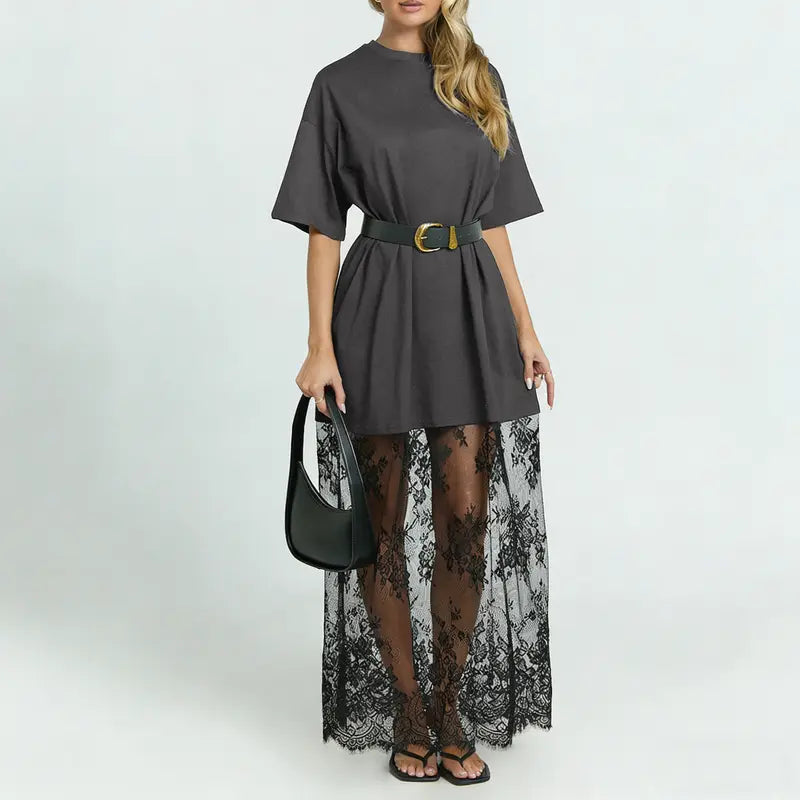 Oversized T-Shirt Maxi Dress with Sheer Lace Hem Drop Shoulder